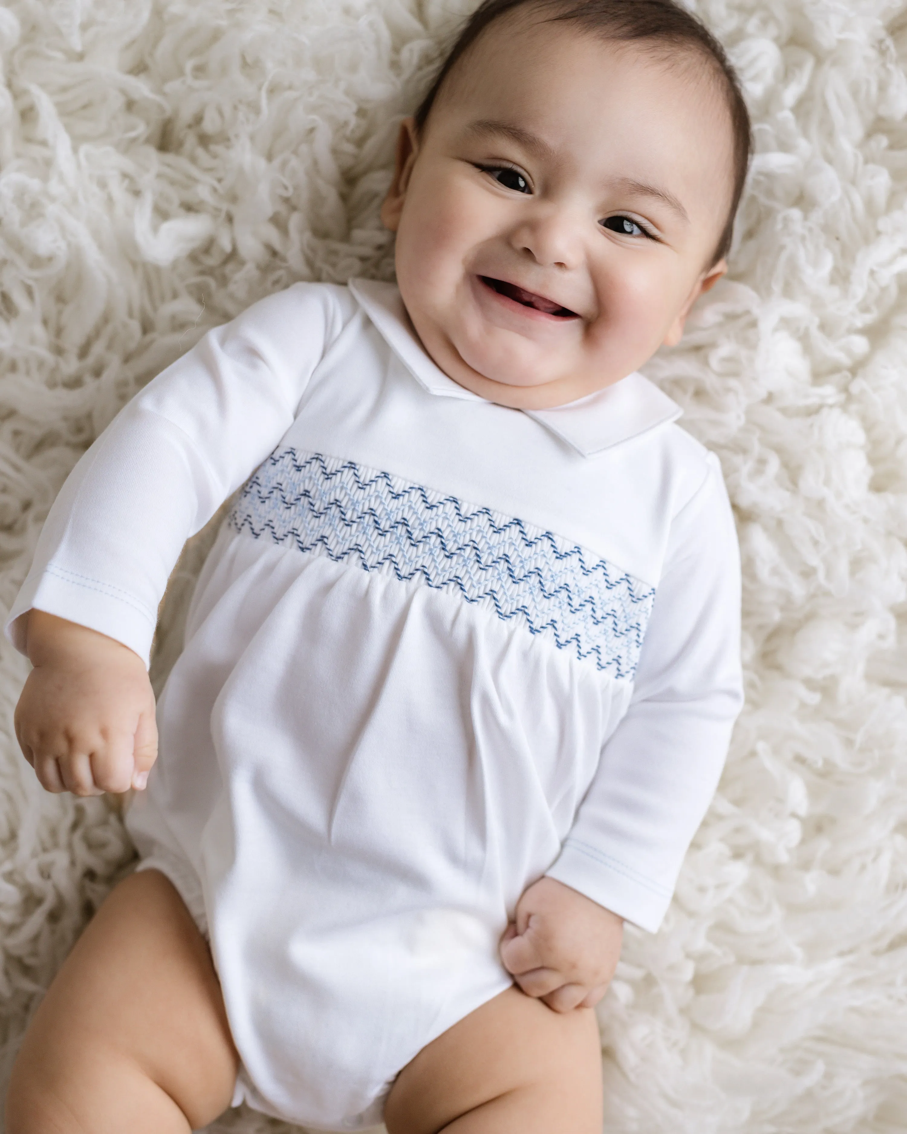 Kenny Smocked Bubble Romper, Boys, White