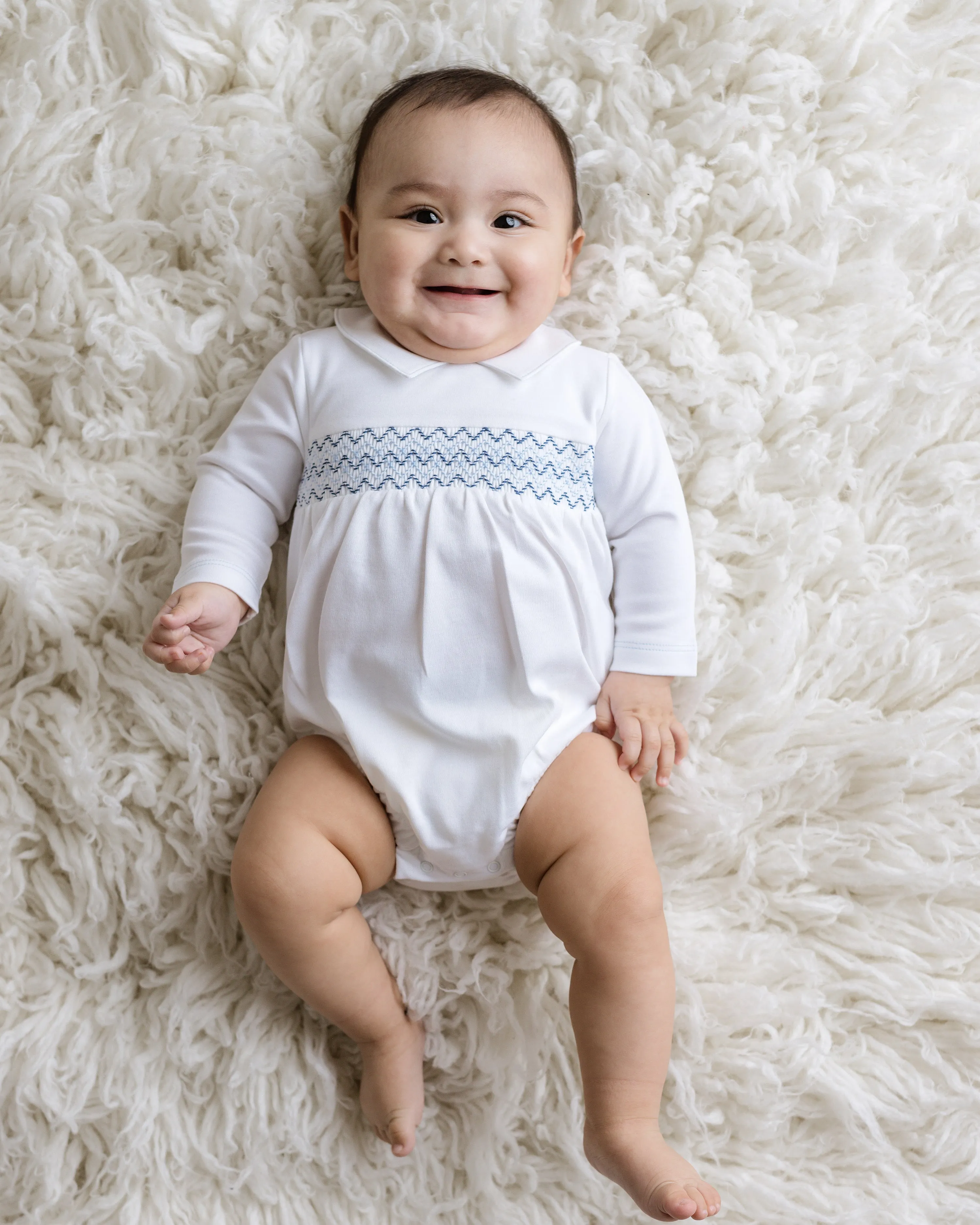 Kenny Smocked Bubble Romper, Boys, White