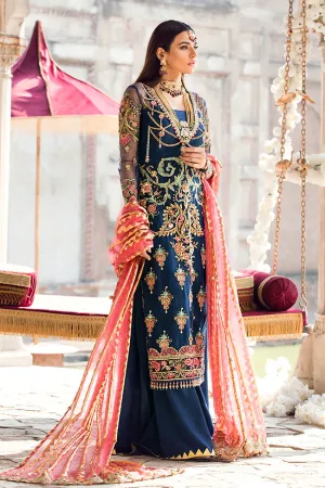 Latest designer embroidered party net dress in lavish blue color # P2435