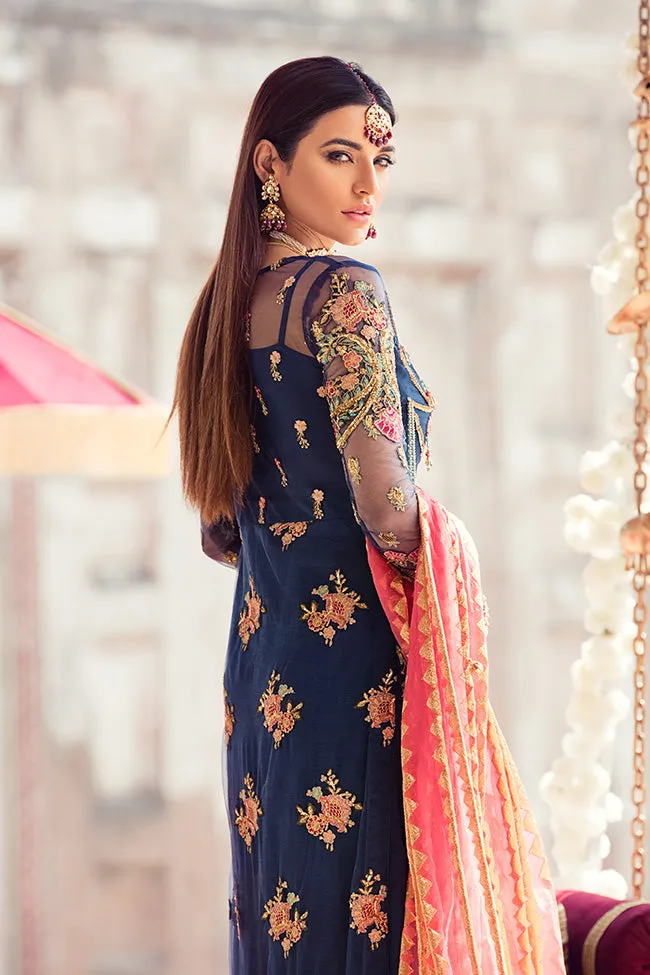 Latest designer embroidered party net dress in lavish blue color # P2435
