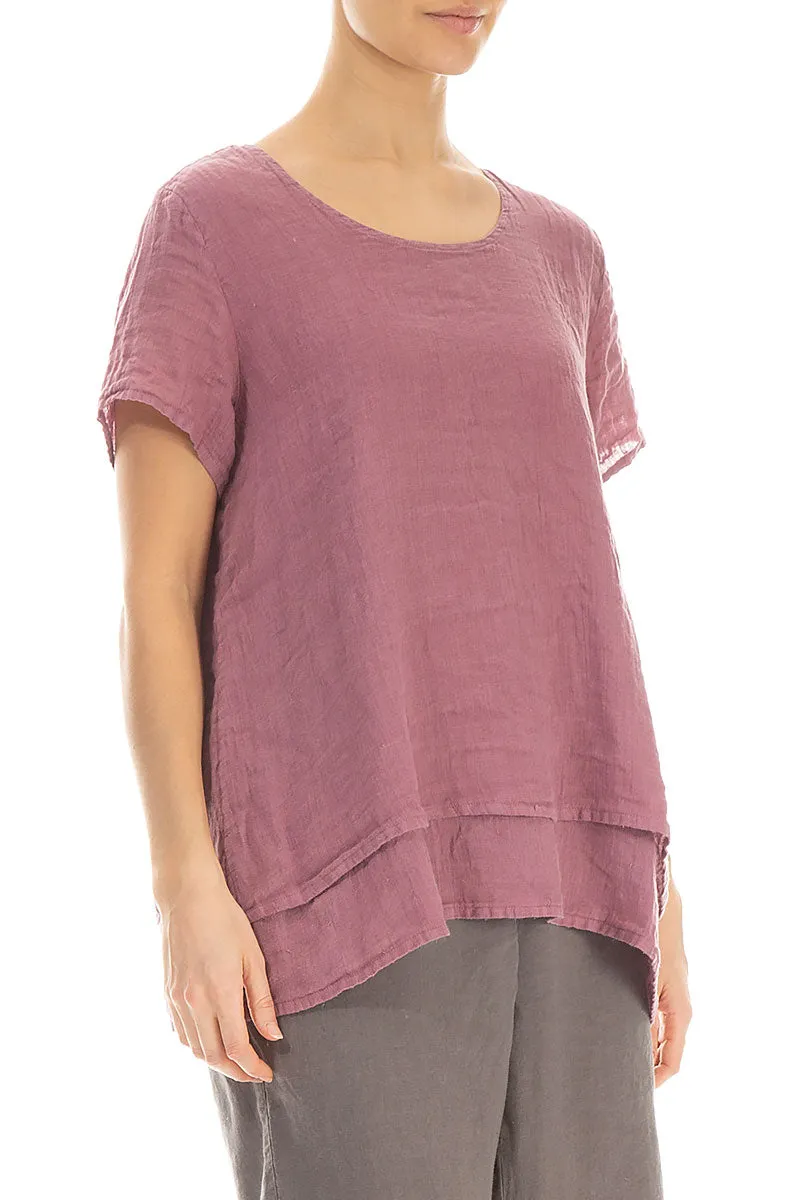Layered Short Sleeves Mauve Taupe Gauze Linen Blouse