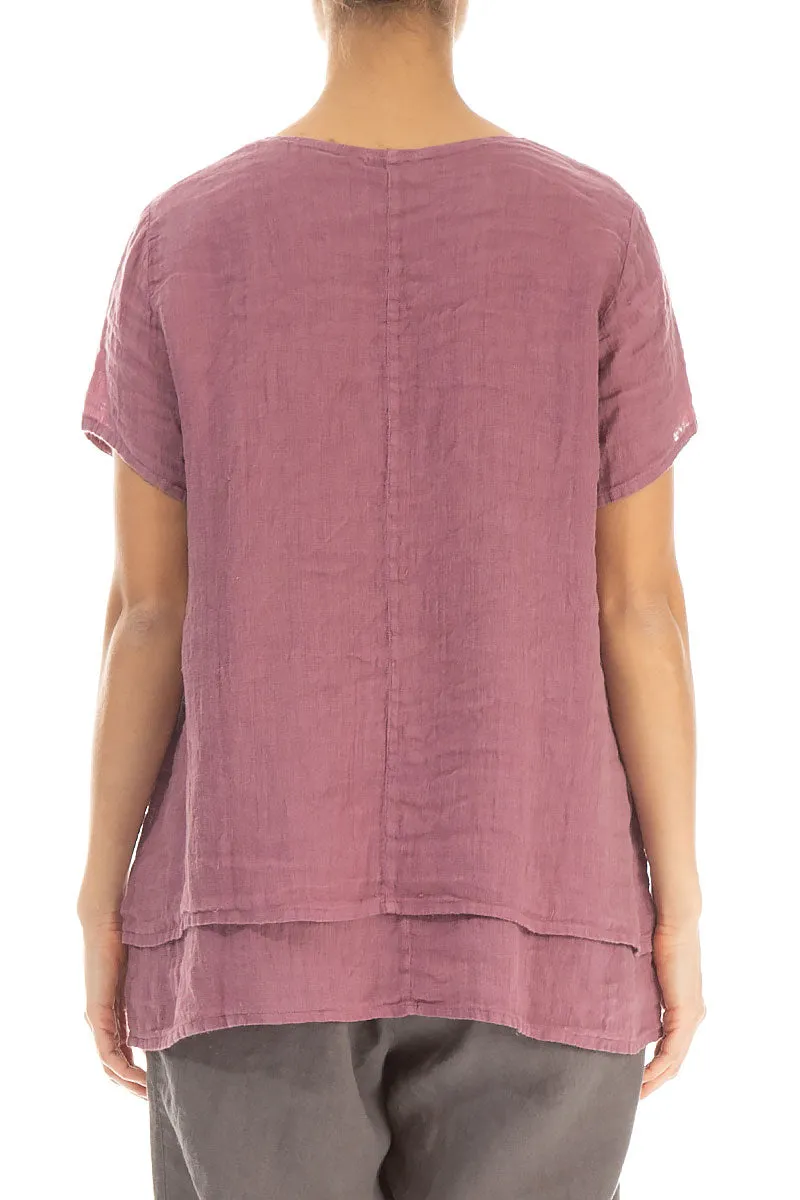 Layered Short Sleeves Mauve Taupe Gauze Linen Blouse