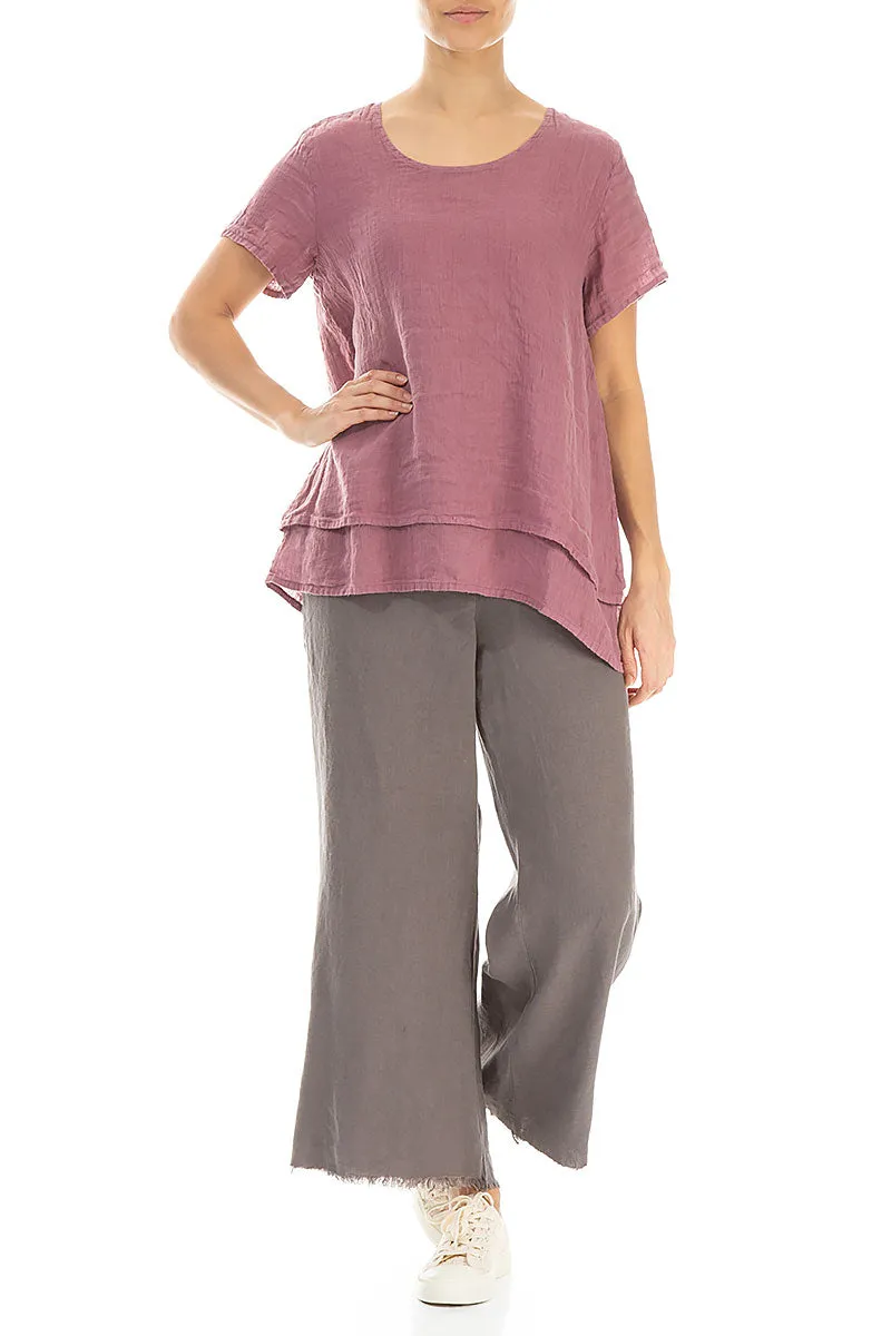 Layered Short Sleeves Mauve Taupe Gauze Linen Blouse