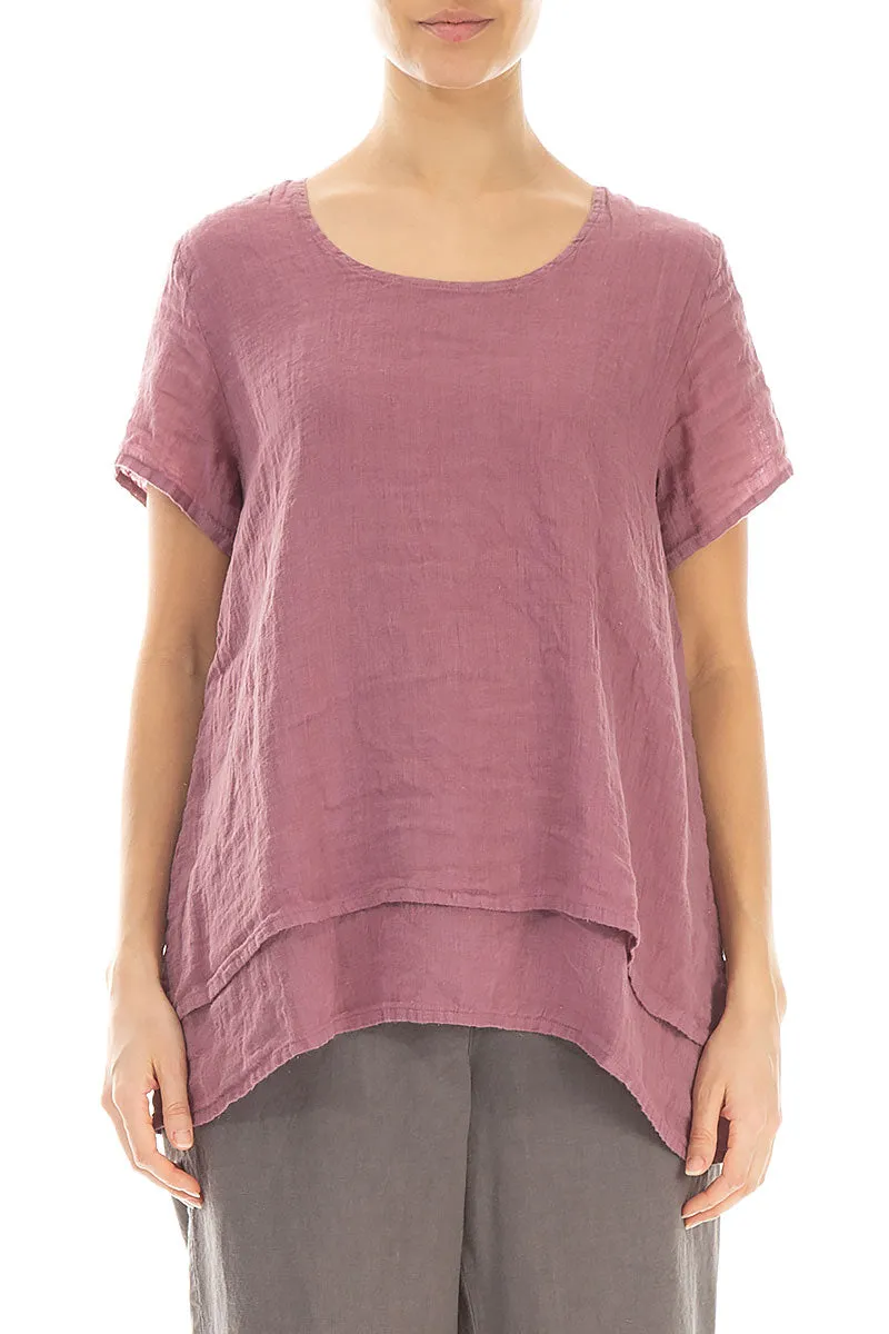 Layered Short Sleeves Mauve Taupe Gauze Linen Blouse