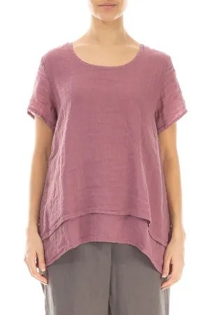 Layered Short Sleeves Mauve Taupe Gauze Linen Blouse