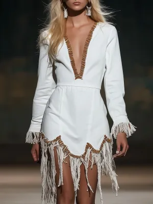 Nomadic Fringed White Denim Long Sleeve Mini Dress