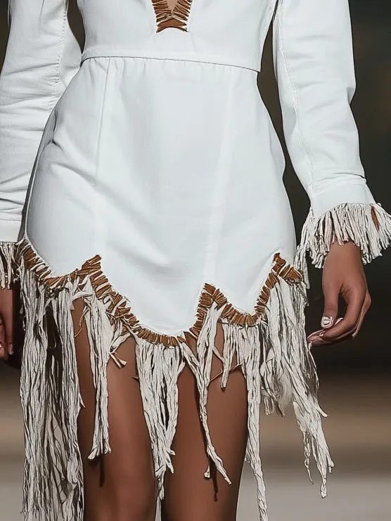 Nomadic Fringed White Denim Long Sleeve Mini Dress
