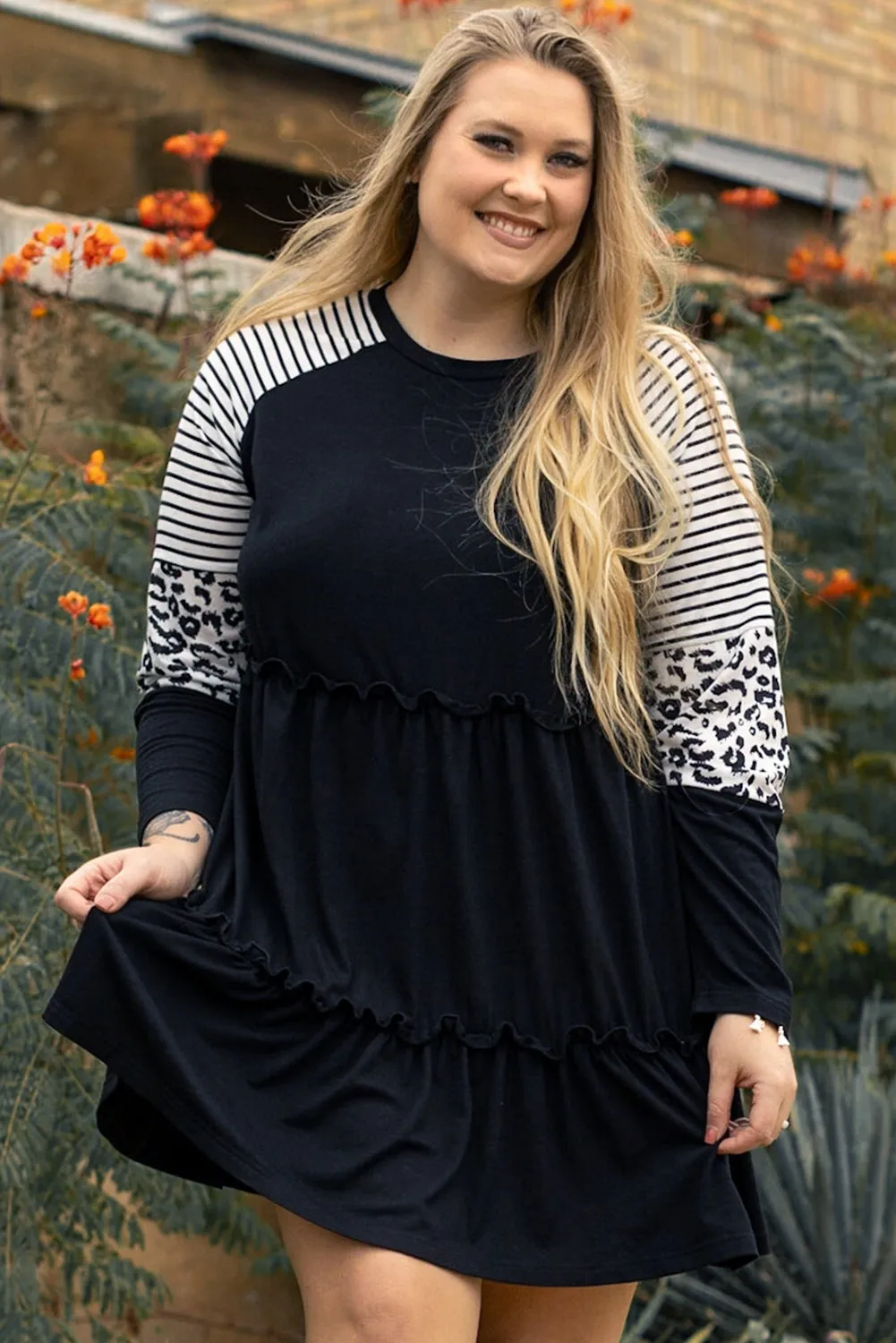 Plus Size Striped Tiered Dress