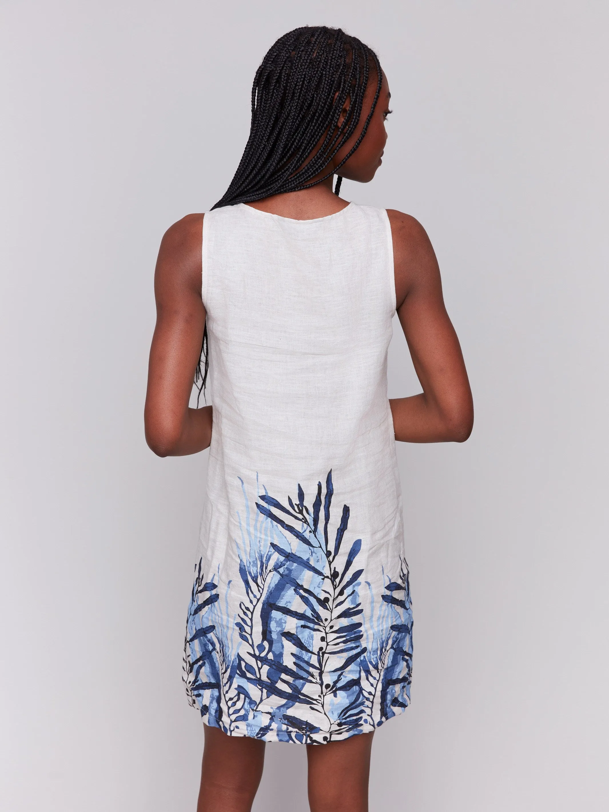 Printed Sleeveless Linen Blend Dress - Palm