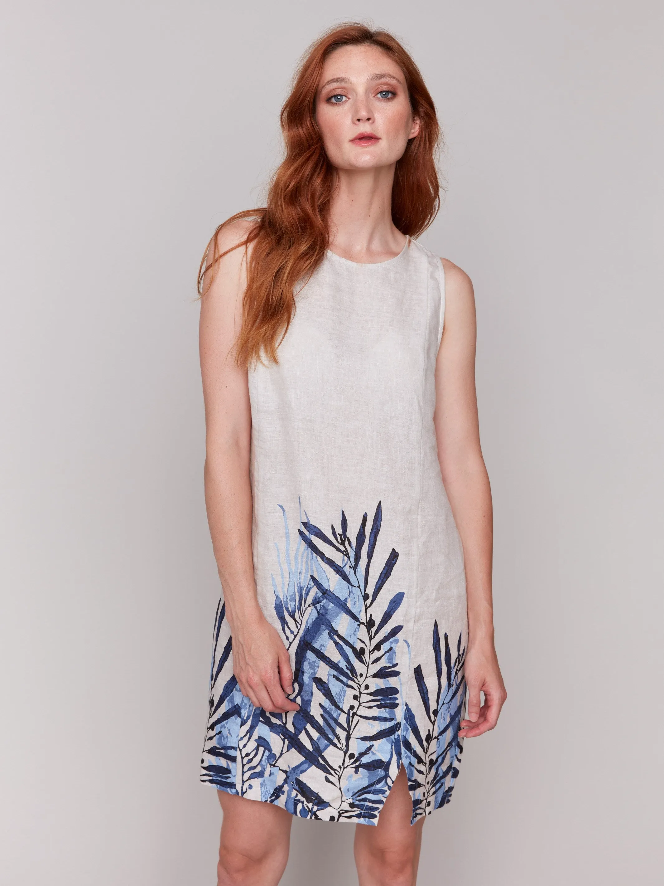 Printed Sleeveless Linen Blend Dress - Palm