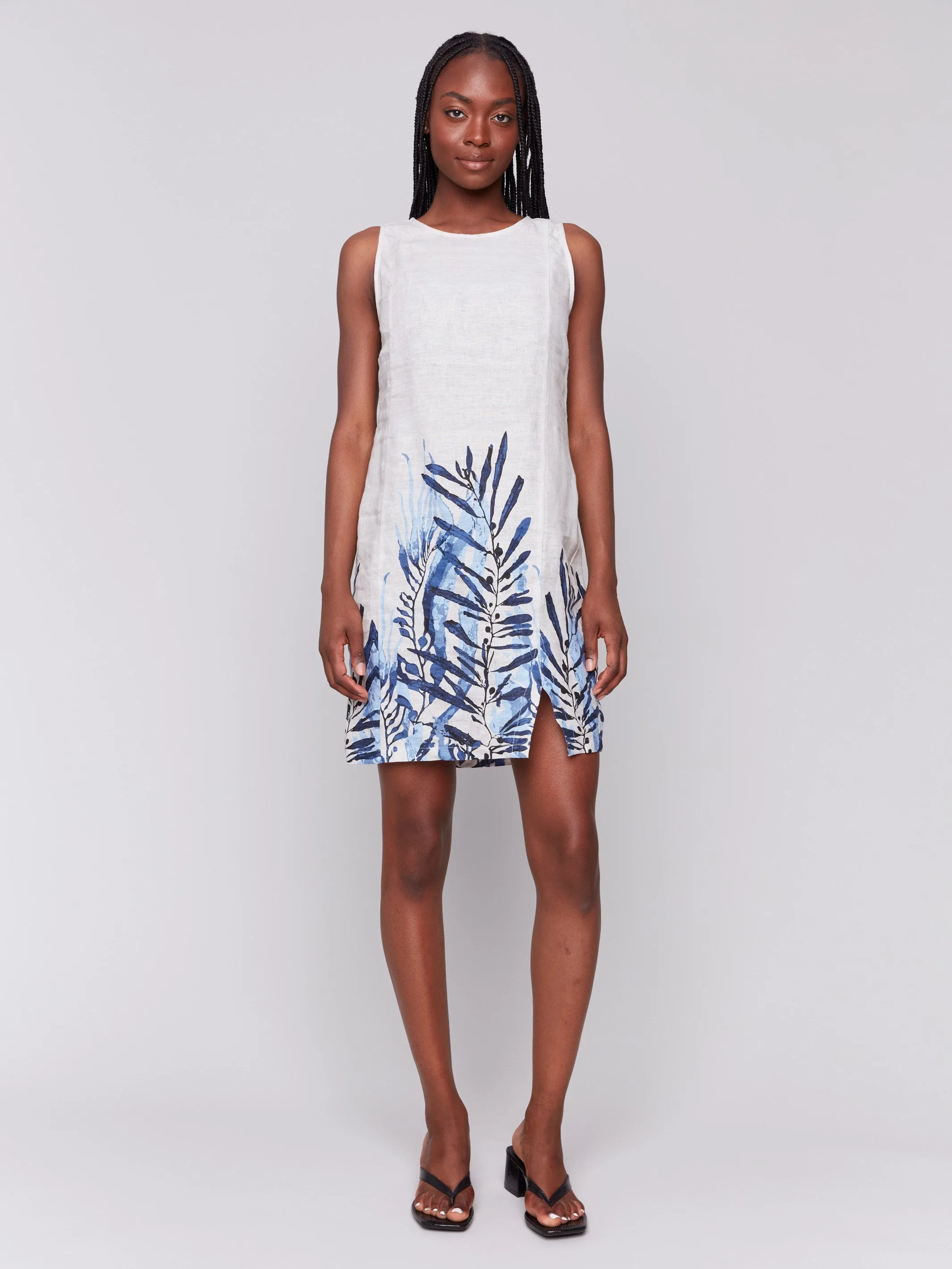 Printed Sleeveless Linen Blend Dress - Palm