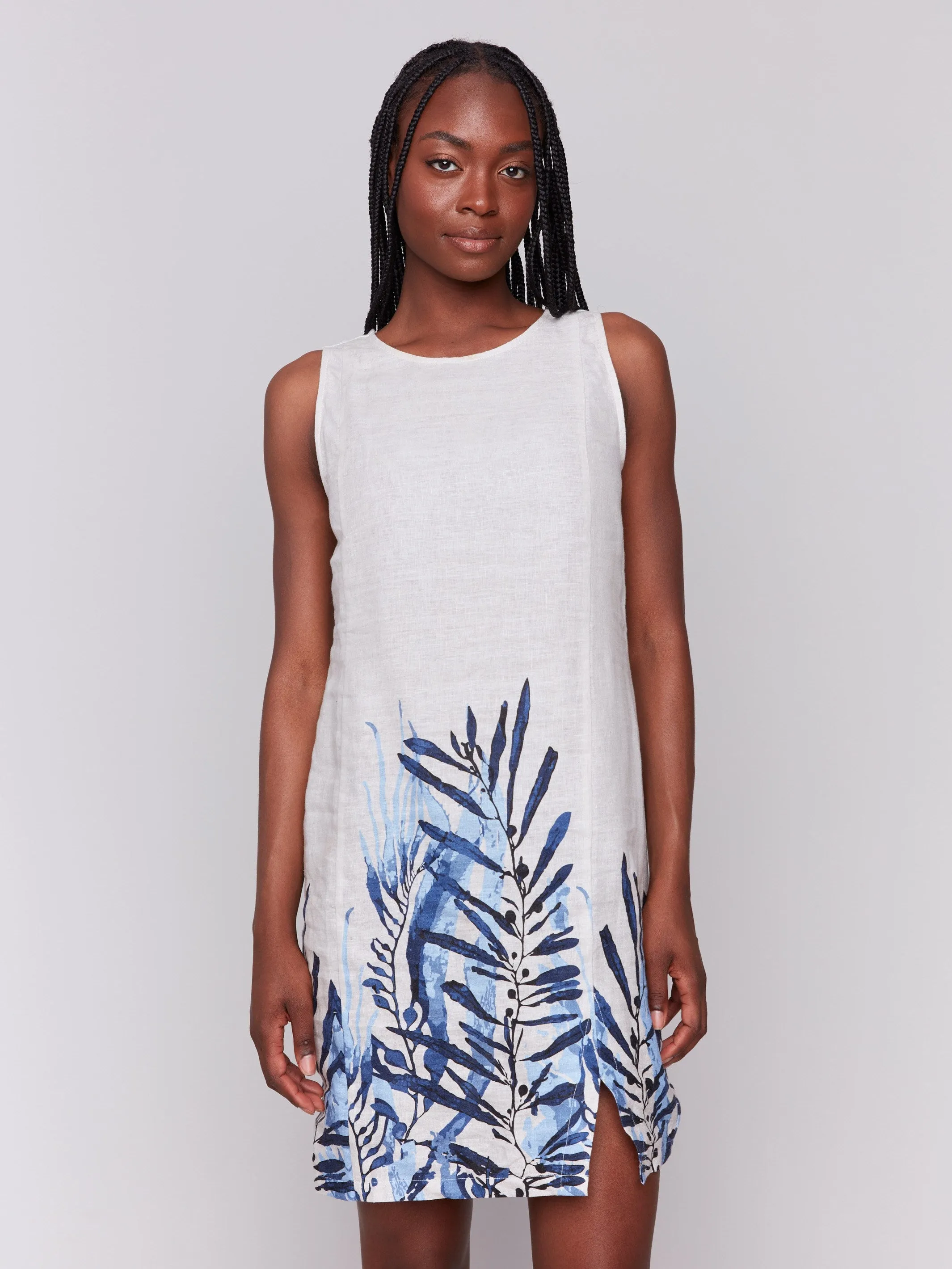 Printed Sleeveless Linen Blend Dress - Palm