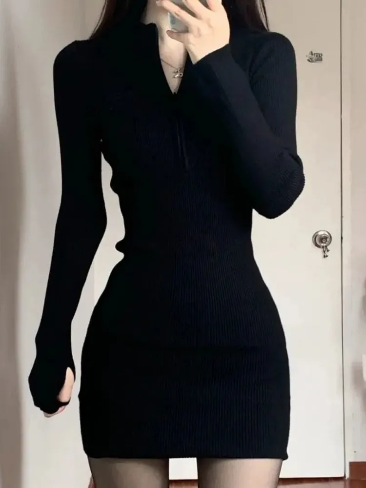 Purpdrank - Black Bodycon Knitted Dress Women Sexy Wrap Slim Short Dresses Autumn Fall Solid Outfits Robes Femlae