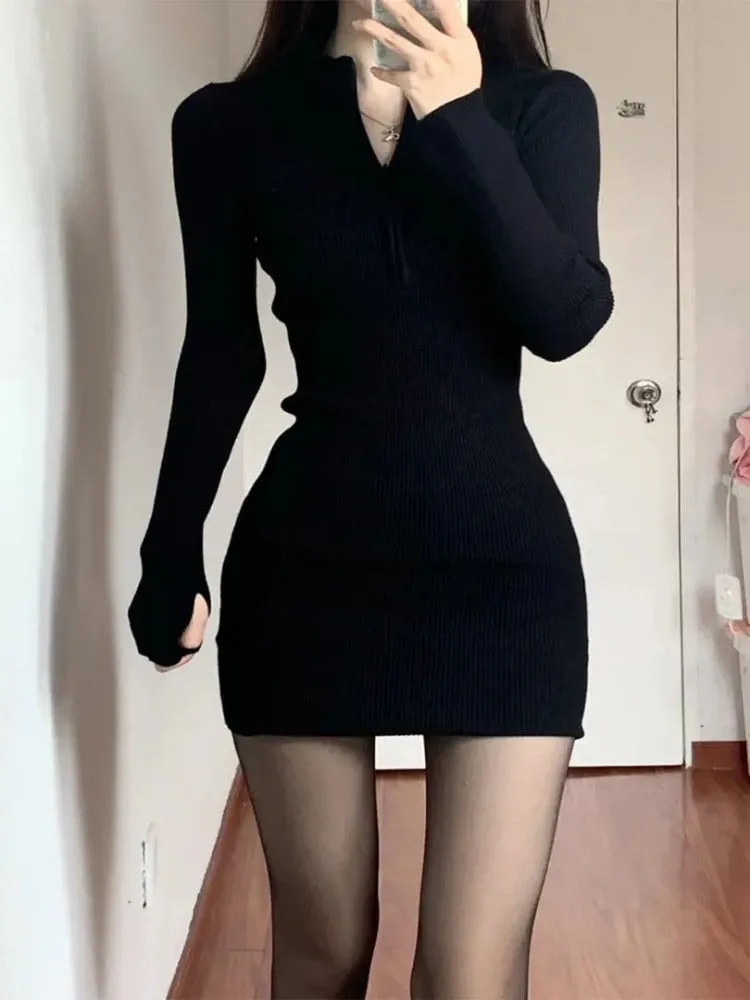 Purpdrank - Black Bodycon Knitted Dress Women Sexy Wrap Slim Short Dresses Autumn Fall Solid Outfits Robes Femlae