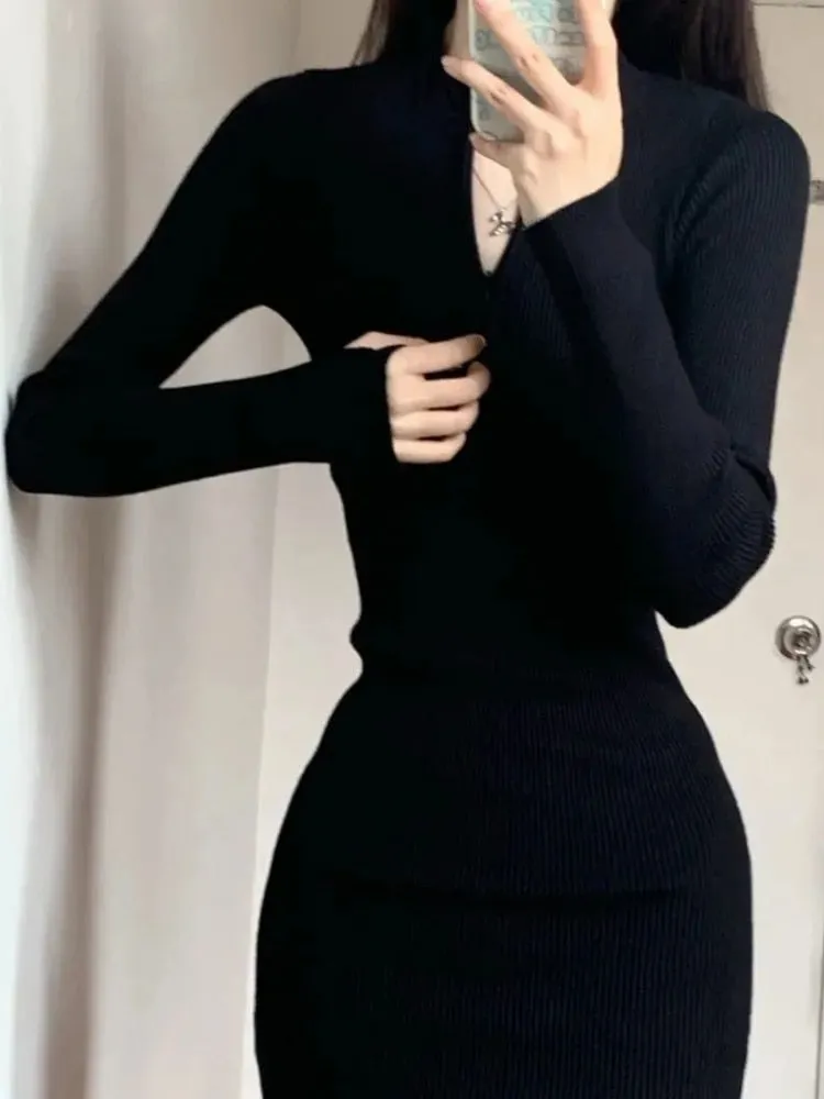 Purpdrank - Black Bodycon Knitted Dress Women Sexy Wrap Slim Short Dresses Autumn Fall Solid Outfits Robes Femlae