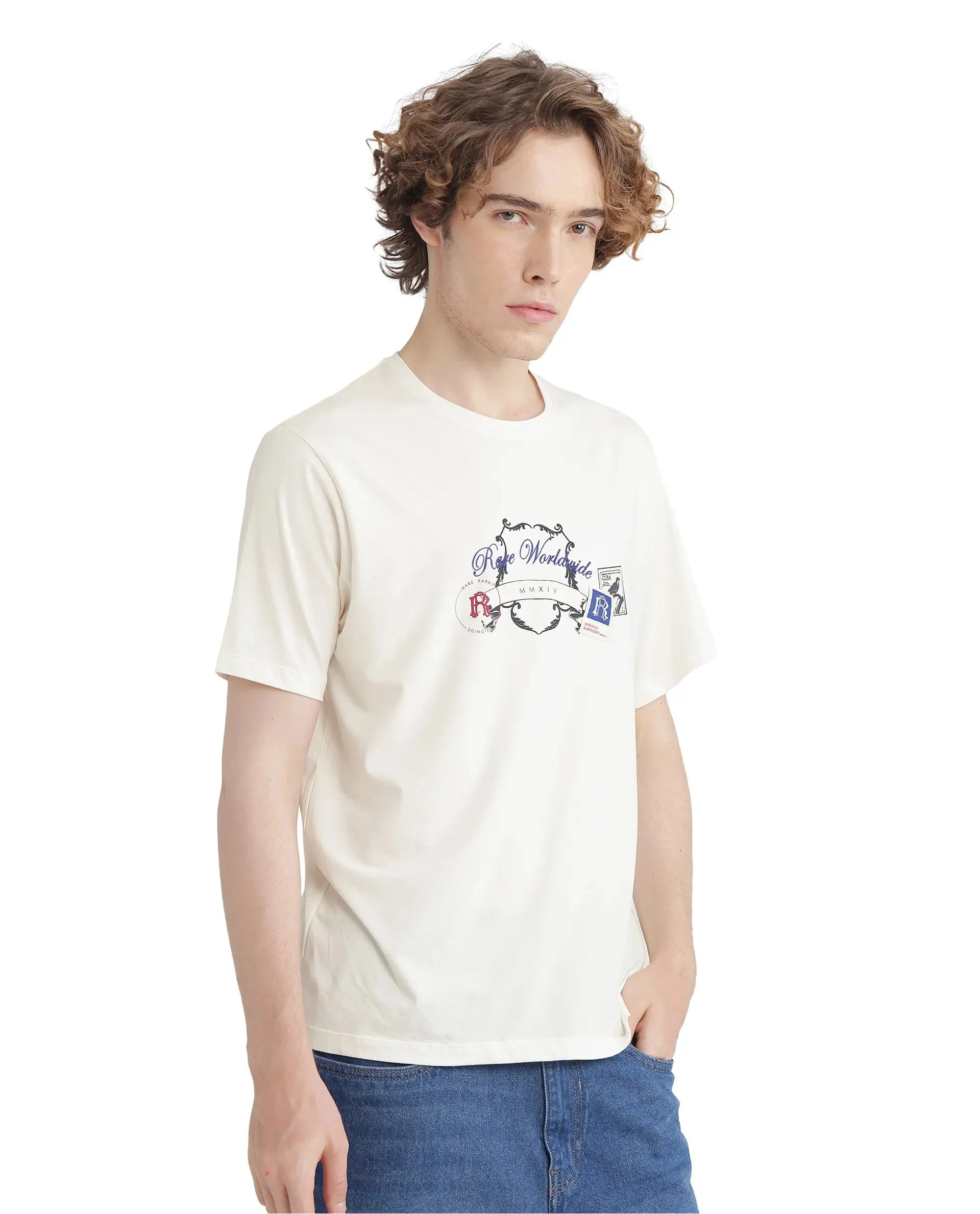Rare Rabbit Men Neko Off White Cotton Blend Fabric Short Sleeve Crew Neck HD Print Logo T-Shirt