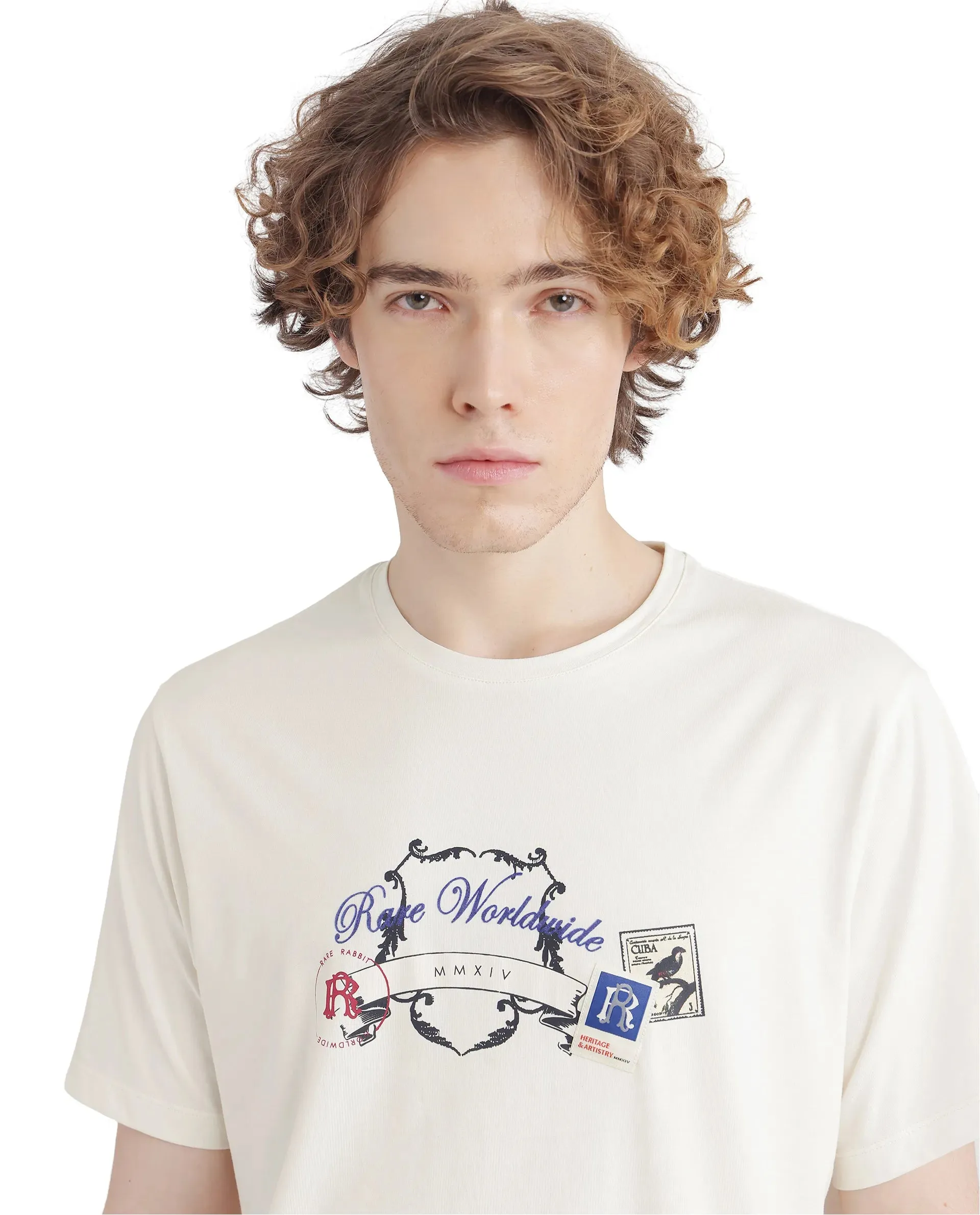 Rare Rabbit Men Neko Off White Cotton Blend Fabric Short Sleeve Crew Neck HD Print Logo T-Shirt