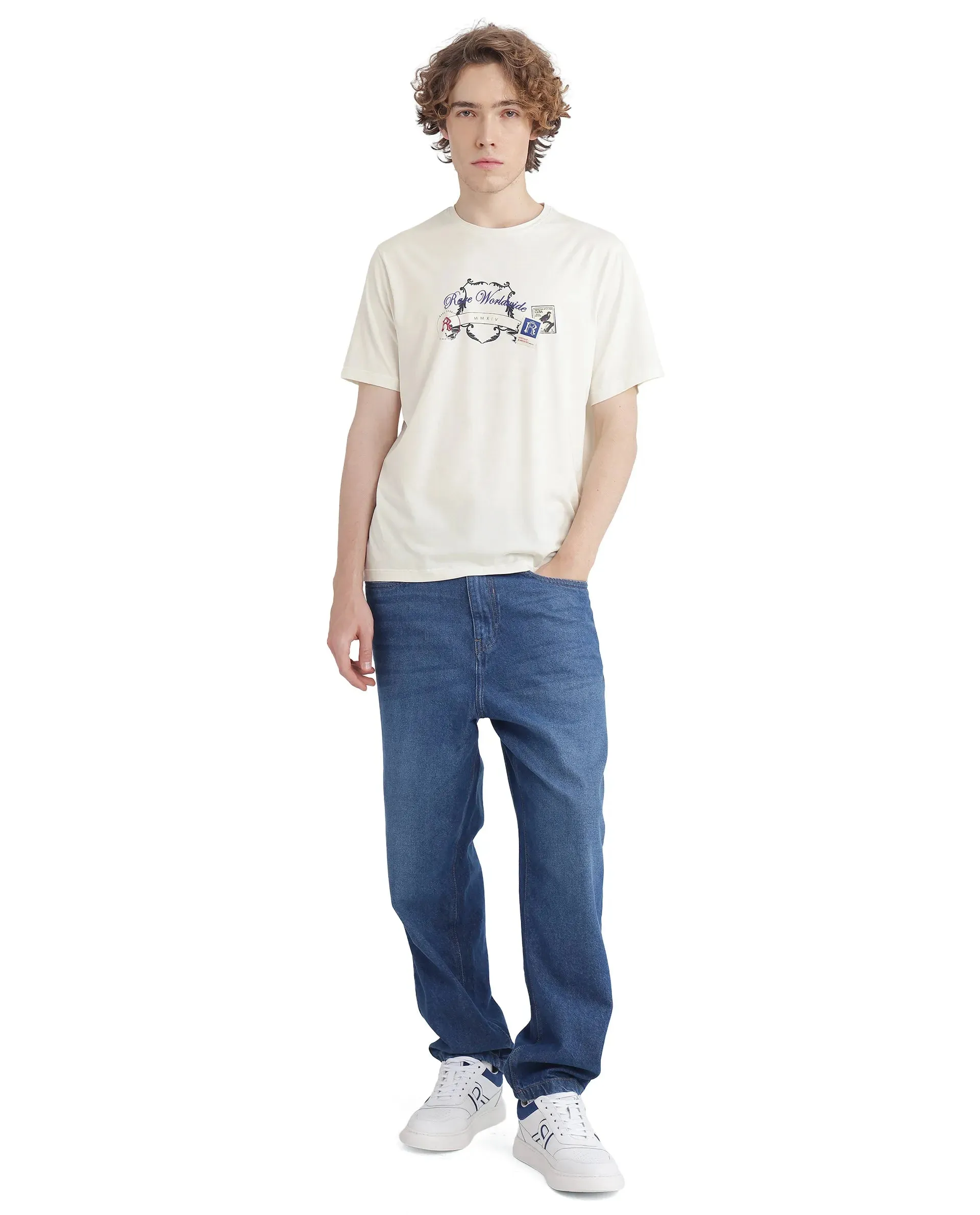 Rare Rabbit Men Neko Off White Cotton Blend Fabric Short Sleeve Crew Neck HD Print Logo T-Shirt