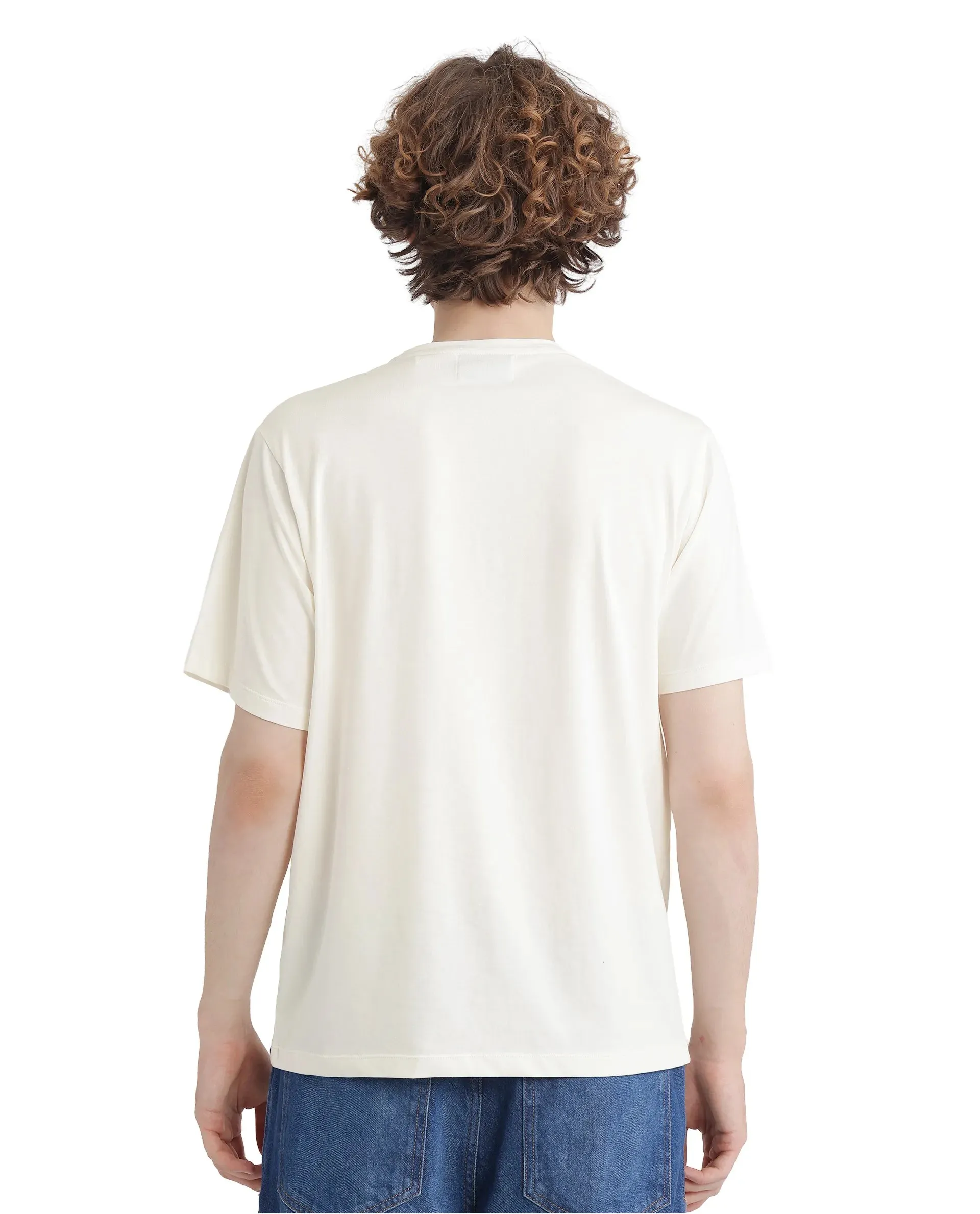 Rare Rabbit Men Neko Off White Cotton Blend Fabric Short Sleeve Crew Neck HD Print Logo T-Shirt