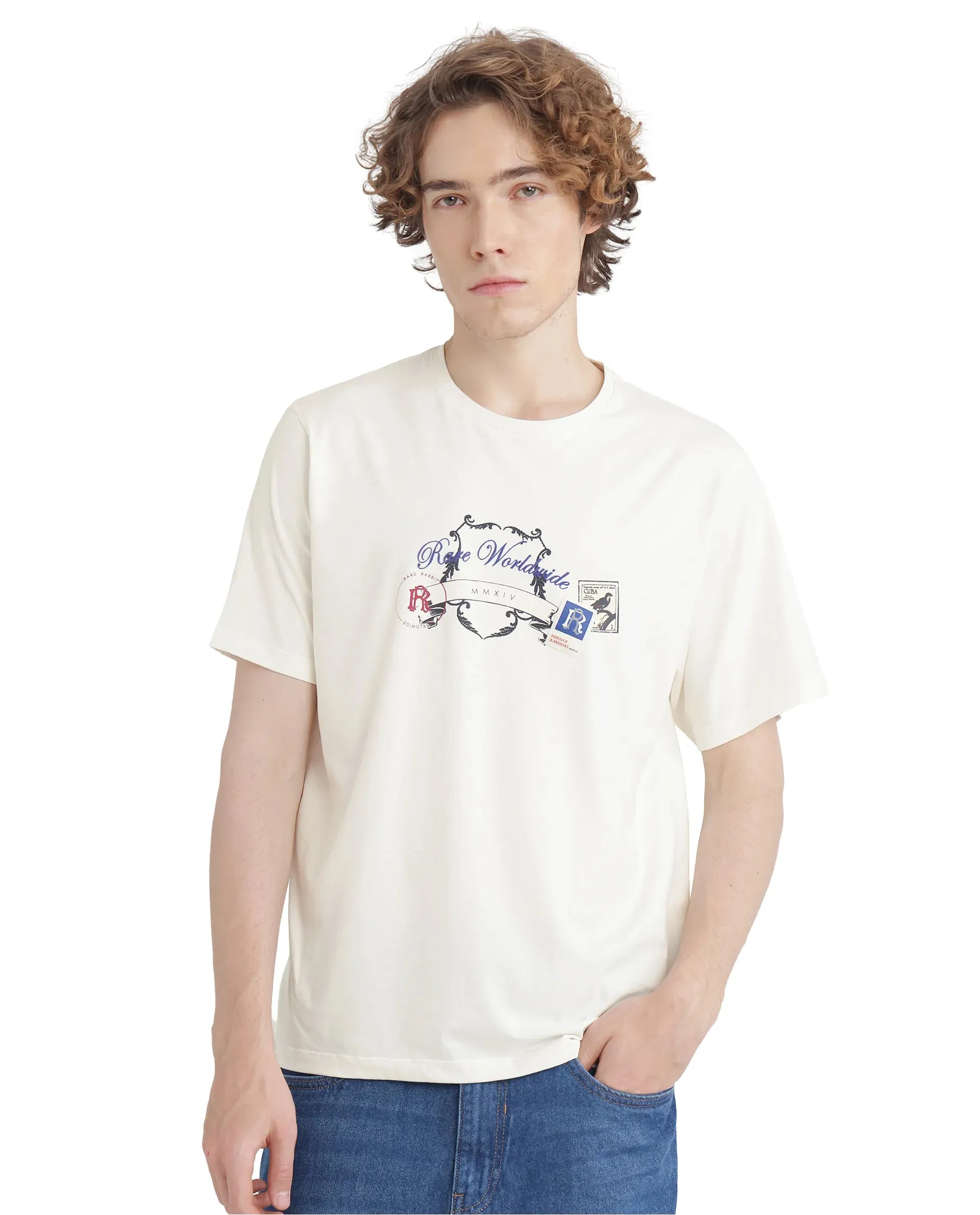 Rare Rabbit Men Neko Off White Cotton Blend Fabric Short Sleeve Crew Neck HD Print Logo T-Shirt