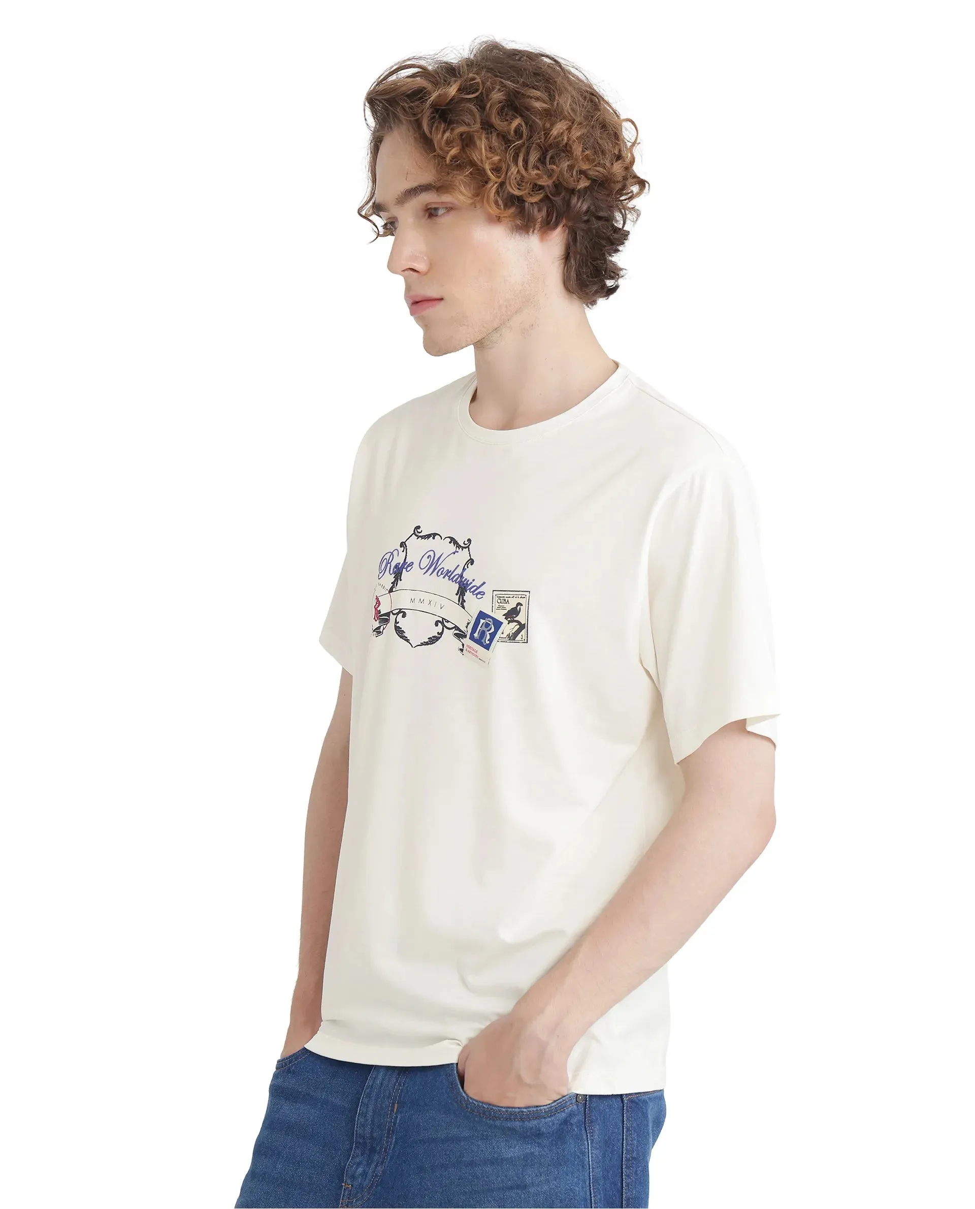 Rare Rabbit Men Neko Off White Cotton Blend Fabric Short Sleeve Crew Neck HD Print Logo T-Shirt