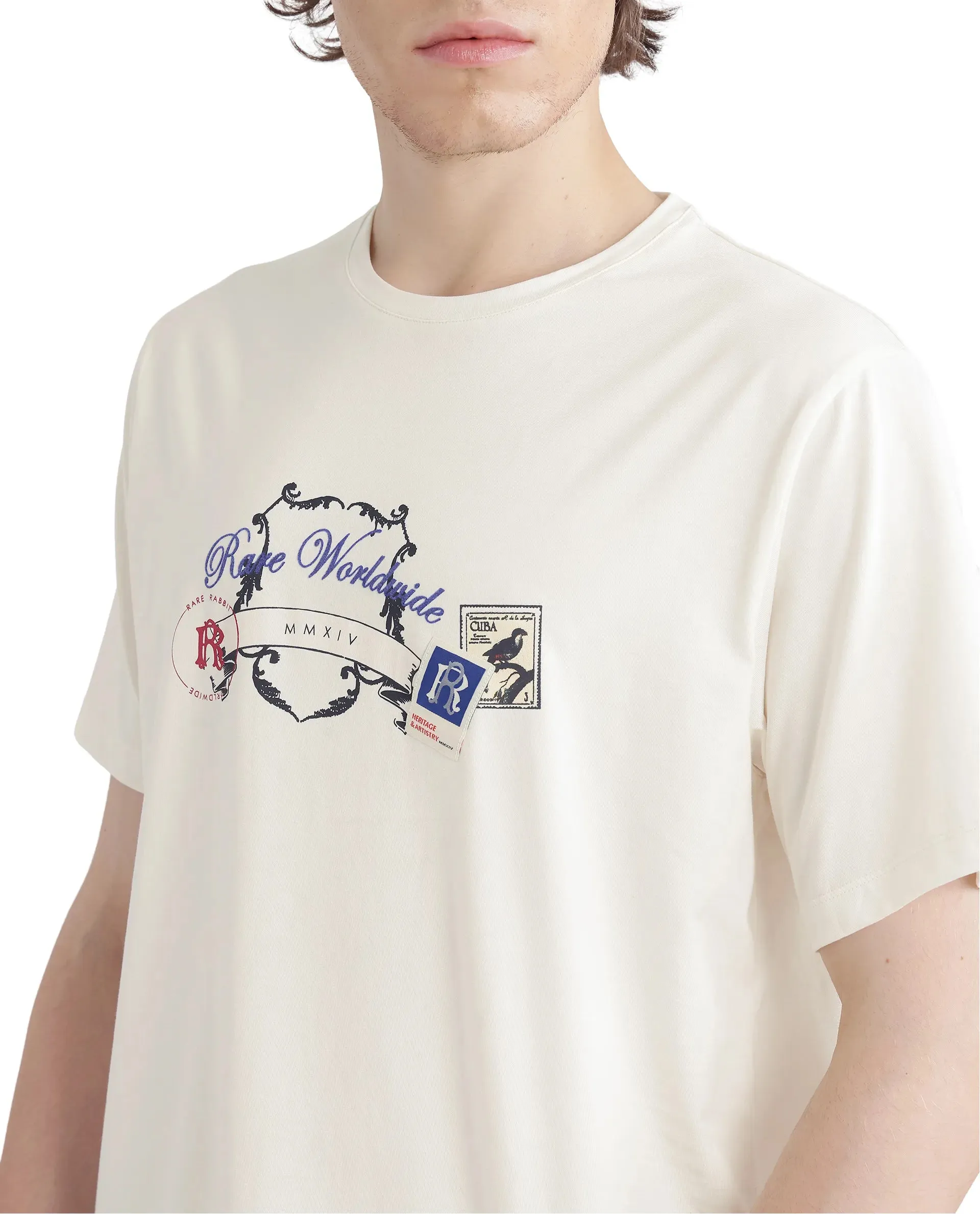 Rare Rabbit Men Neko Off White Cotton Blend Fabric Short Sleeve Crew Neck HD Print Logo T-Shirt