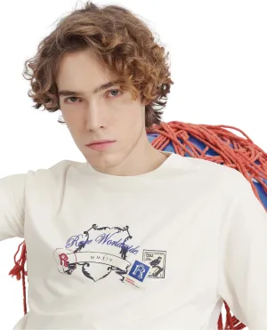Rare Rabbit Men Neko Off White Cotton Blend Fabric Short Sleeve Crew Neck HD Print Logo T-Shirt