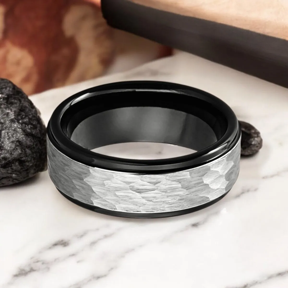ROCKY | Black Tungsten Ring, Grey Hammered, Stepped Edge