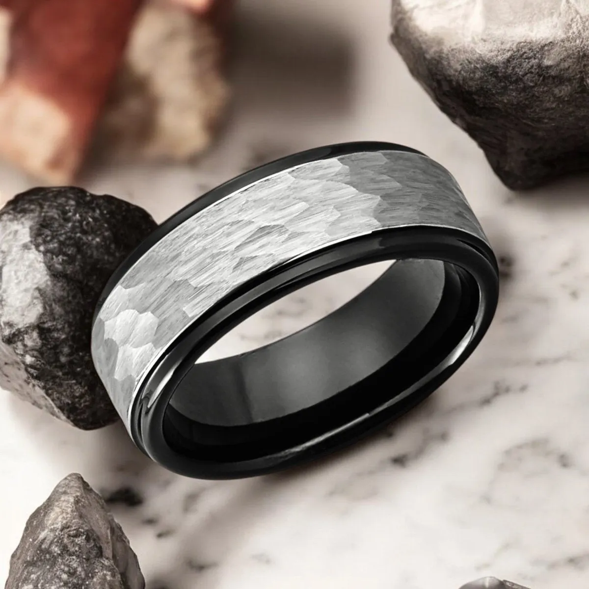 ROCKY | Black Tungsten Ring, Grey Hammered, Stepped Edge