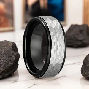 ROCKY | Black Tungsten Ring, Grey Hammered, Stepped Edge