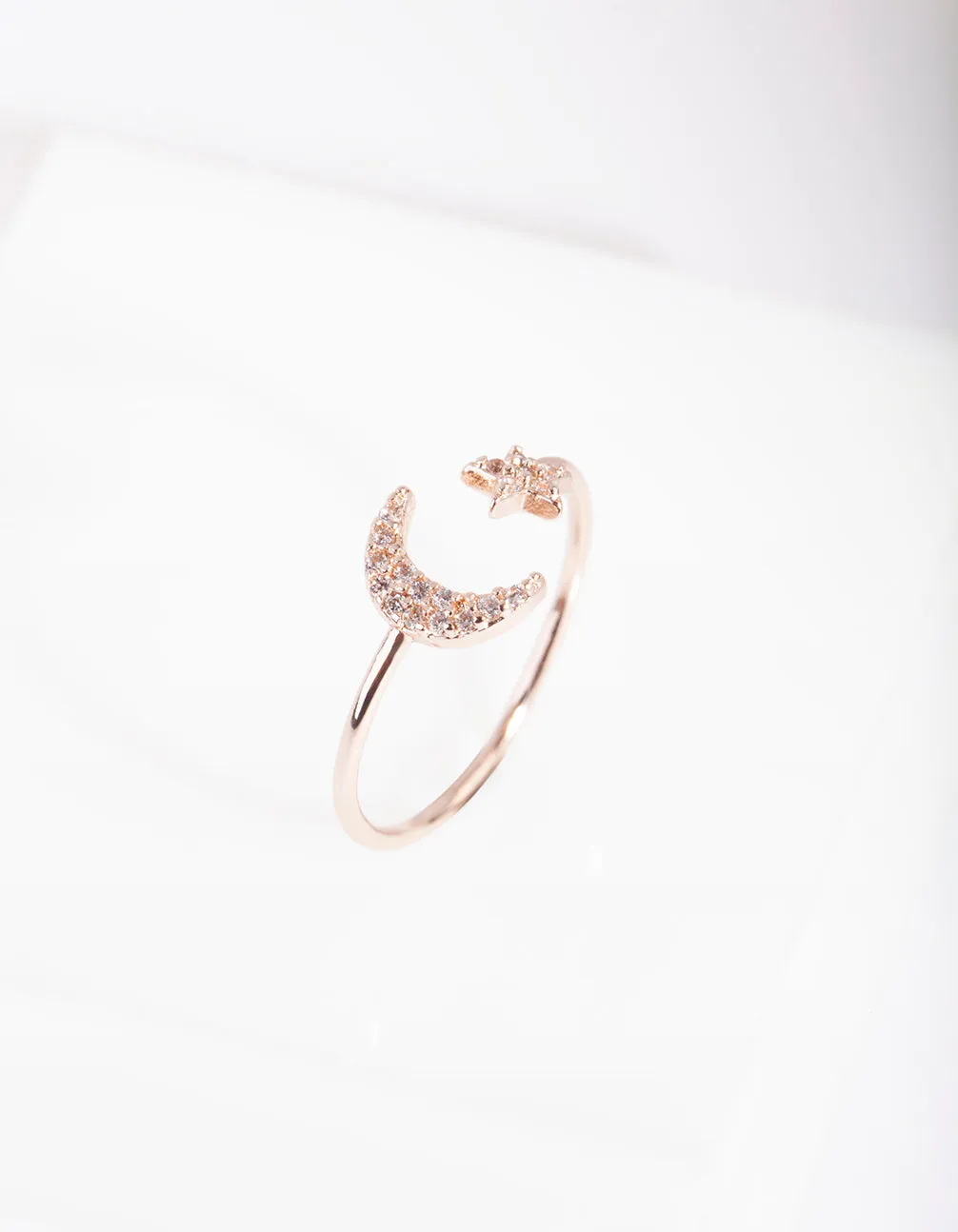 Rose Gold Cubic Zirconia Moon & Star Ring