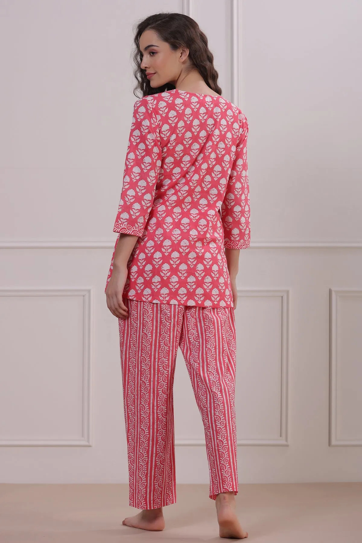 Roses with Floral Stripes on Pink Loungewear Top Set