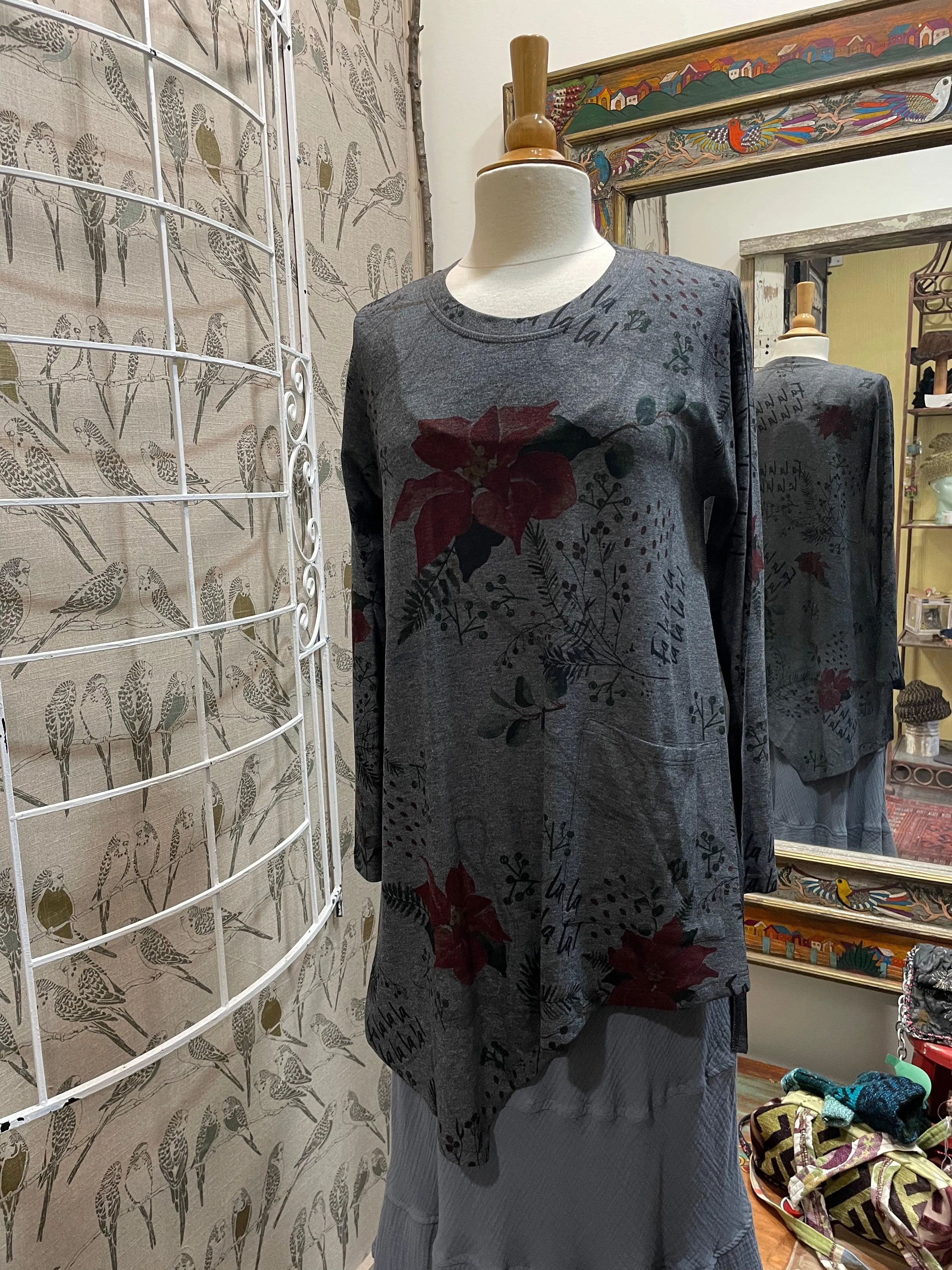 Sharkbite Hem Sweater in Falalala Print by Inoah