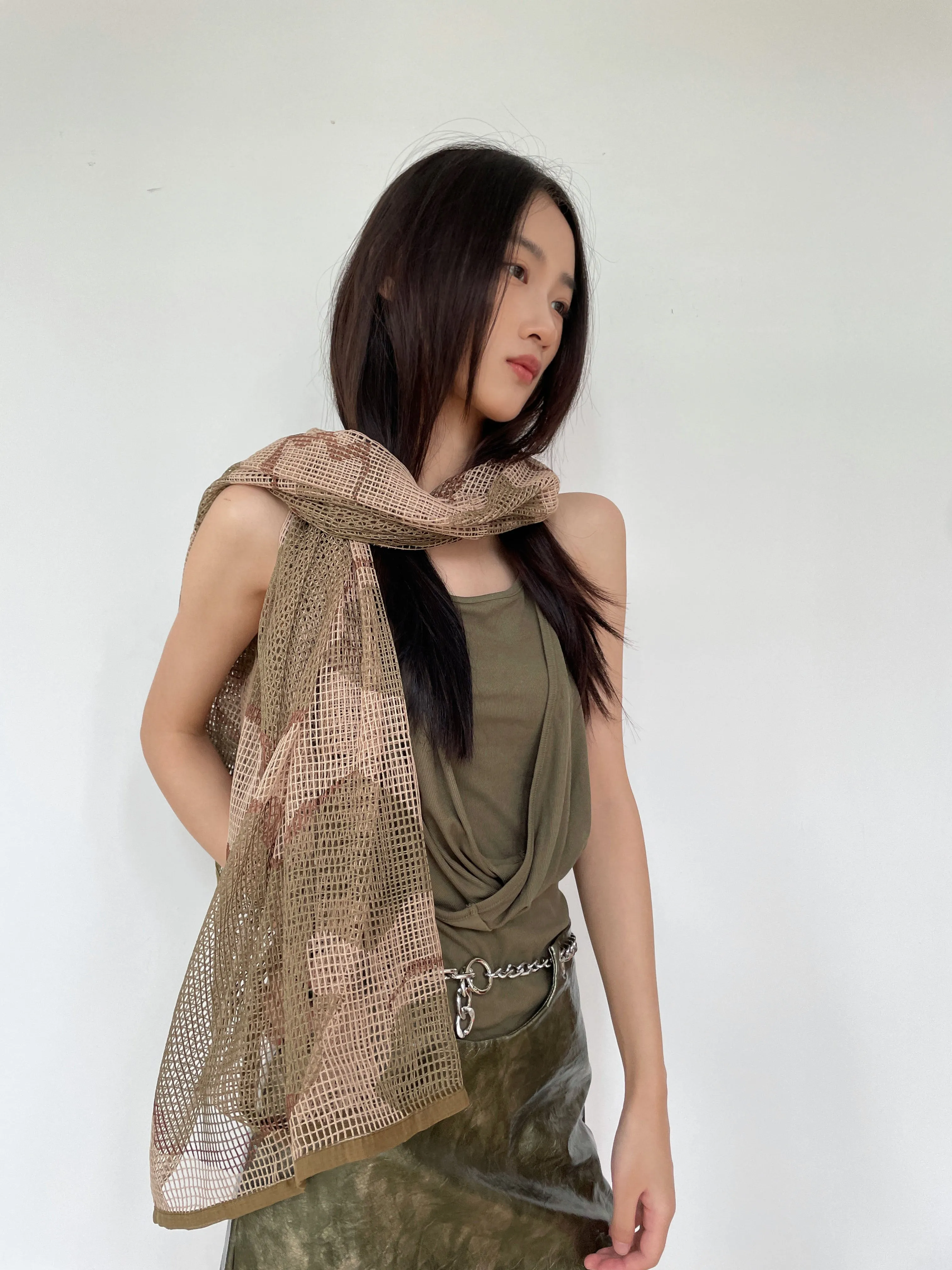 Sheer Mesh Metallic Thread Snakeskin Print Scarf
