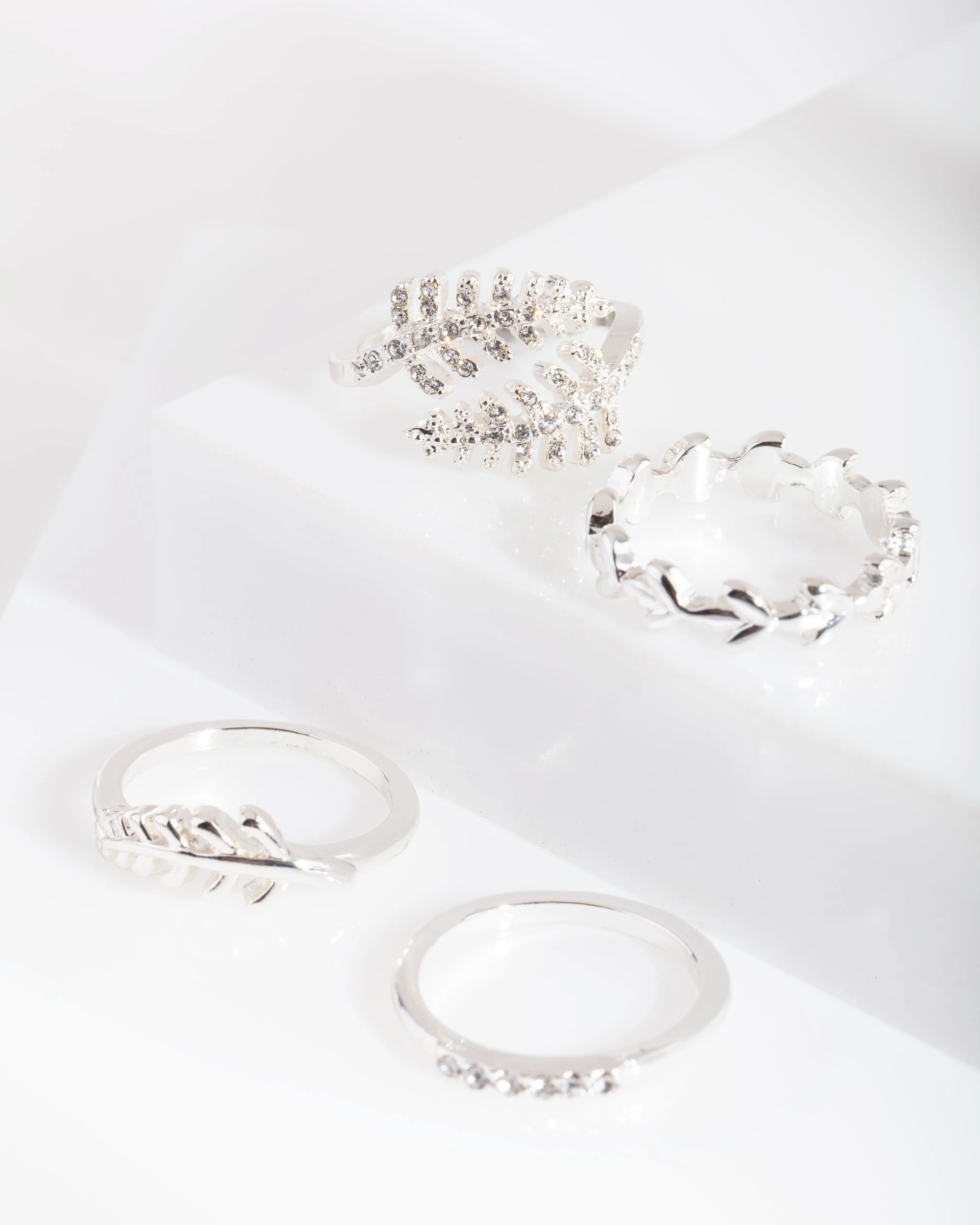 Silver Diamante Leaf Ring Pack
