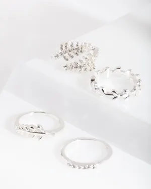 Silver Diamante Leaf Ring Pack