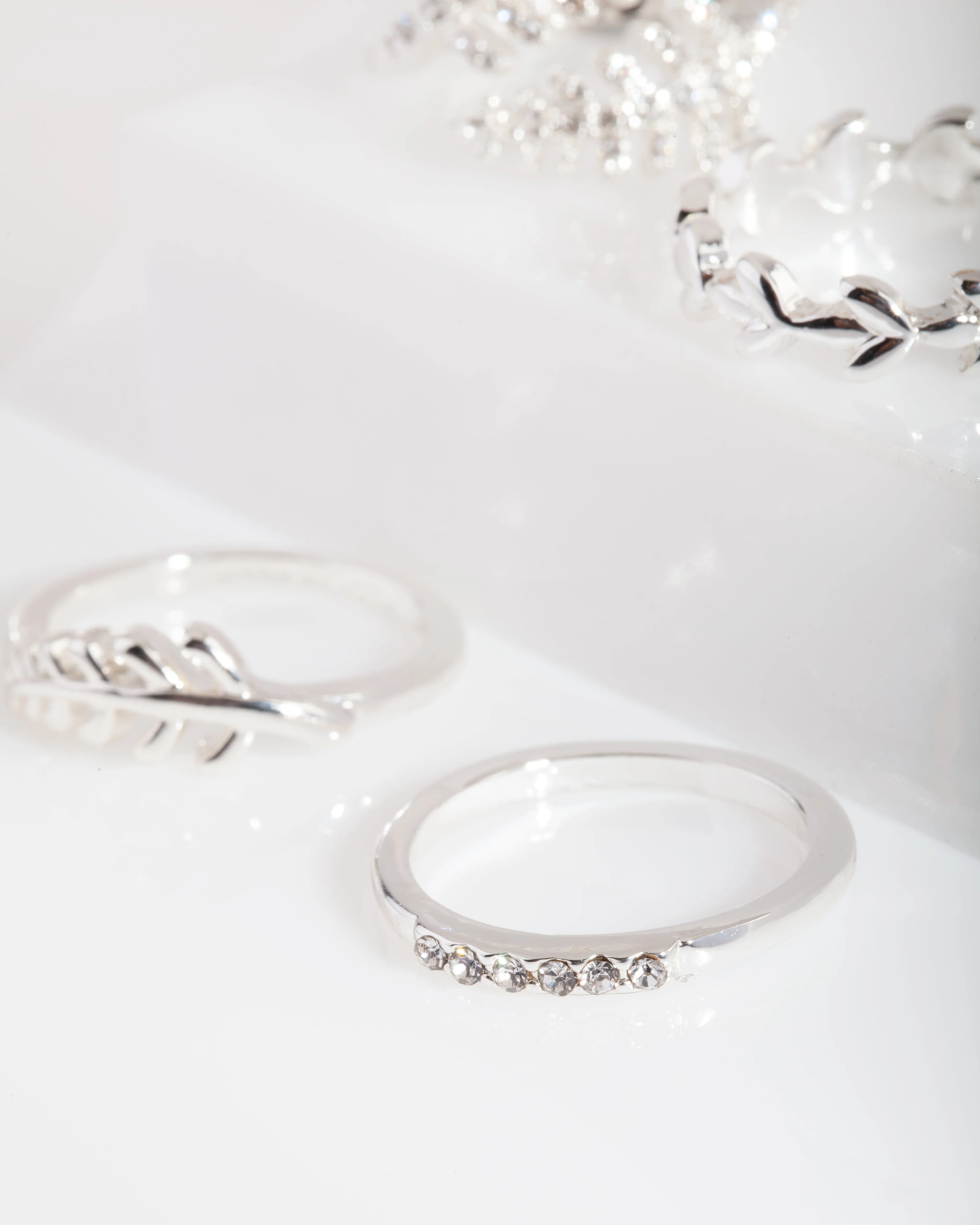 Silver Diamante Leaf Ring Pack