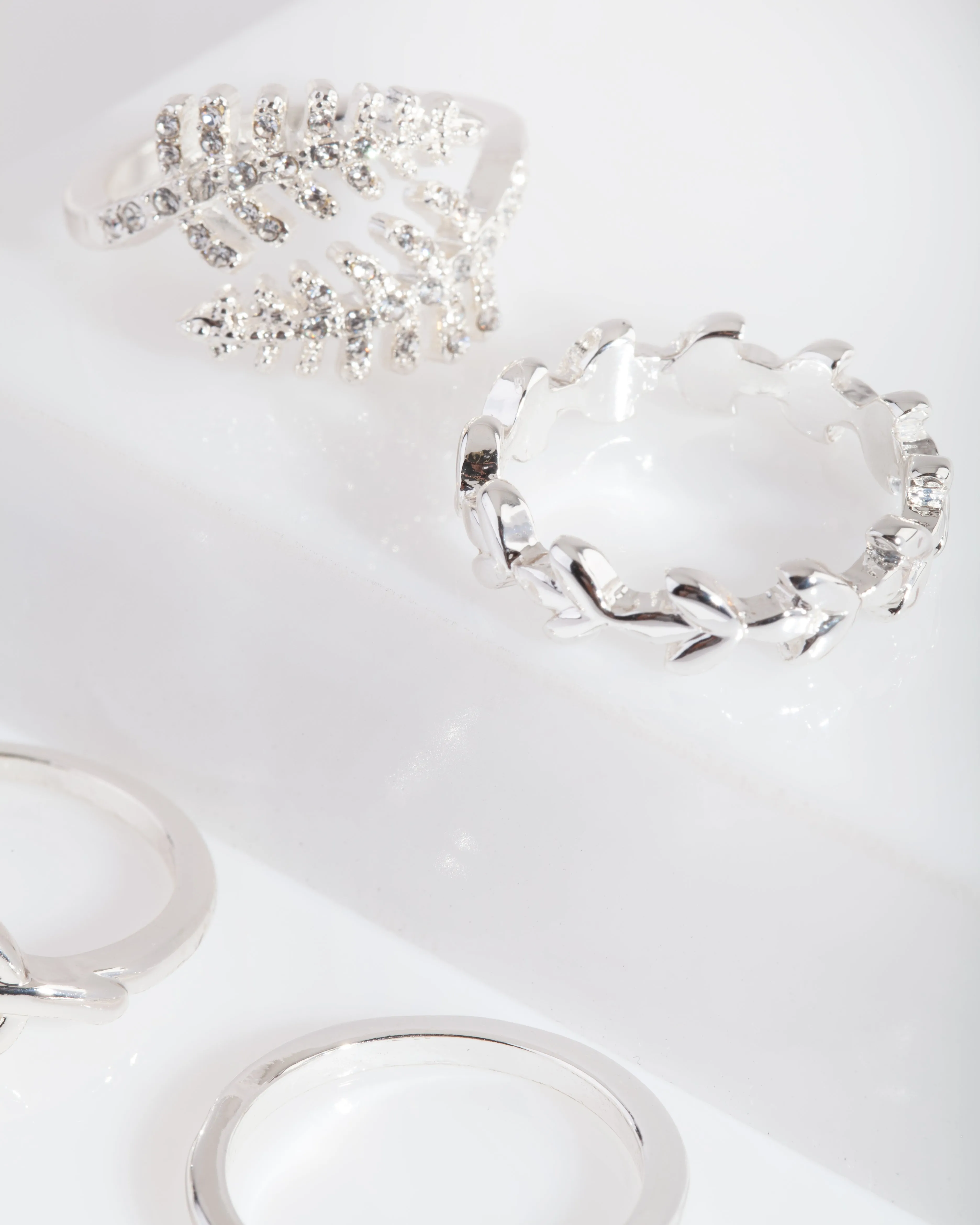 Silver Diamante Leaf Ring Pack