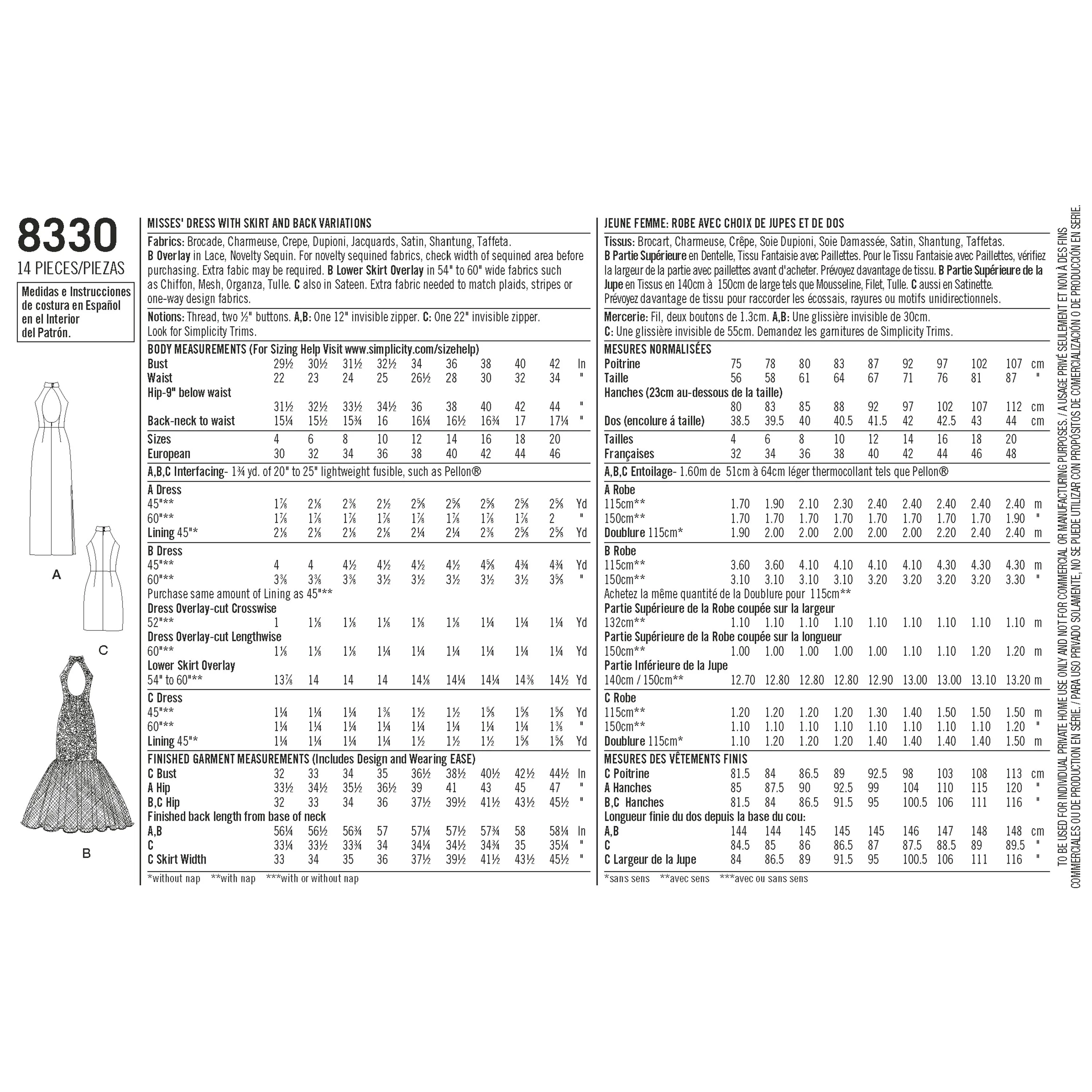 Simplicity S8330 Misses' Dress with Skirt and Back Variations
