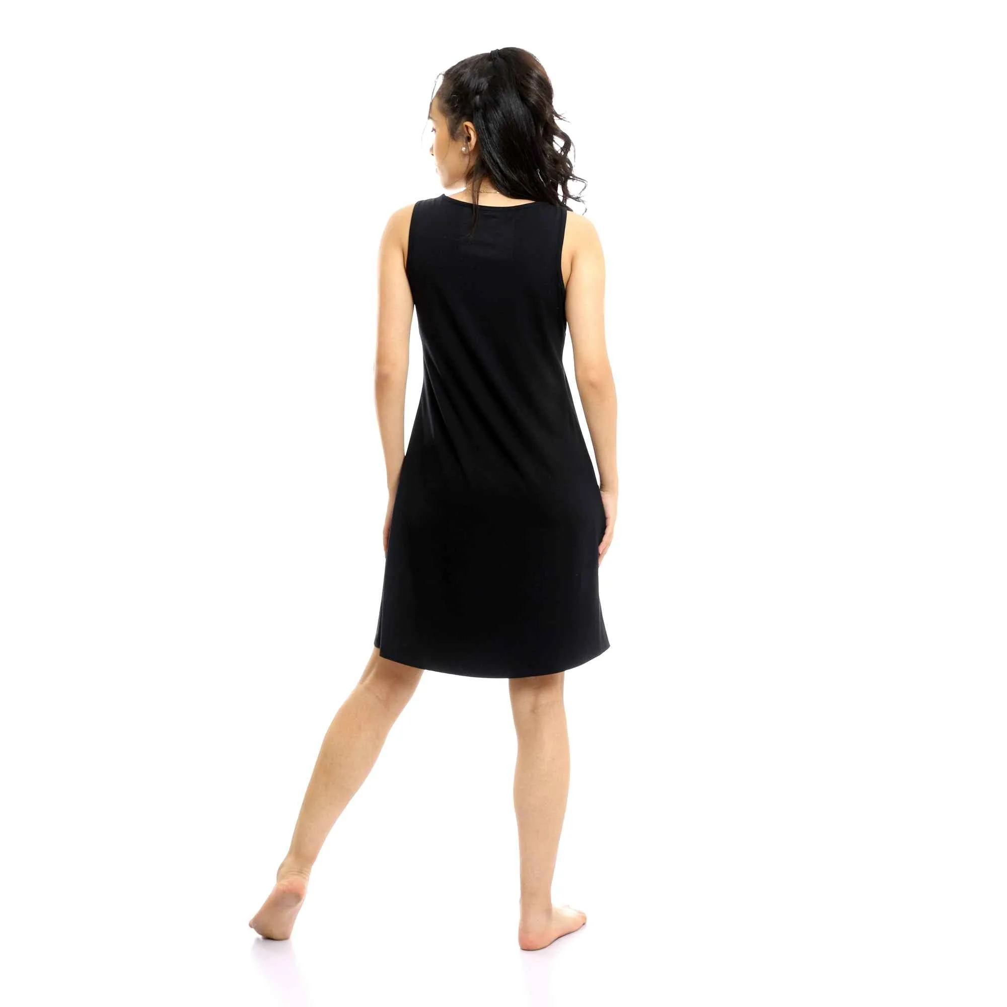 Sleeveless Short Nightgown With Lace Chest - Black