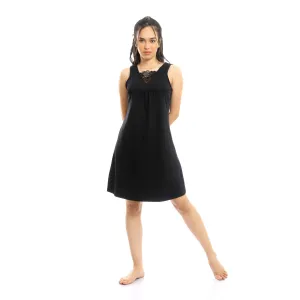 Sleeveless Short Nightgown With Lace Chest - Black