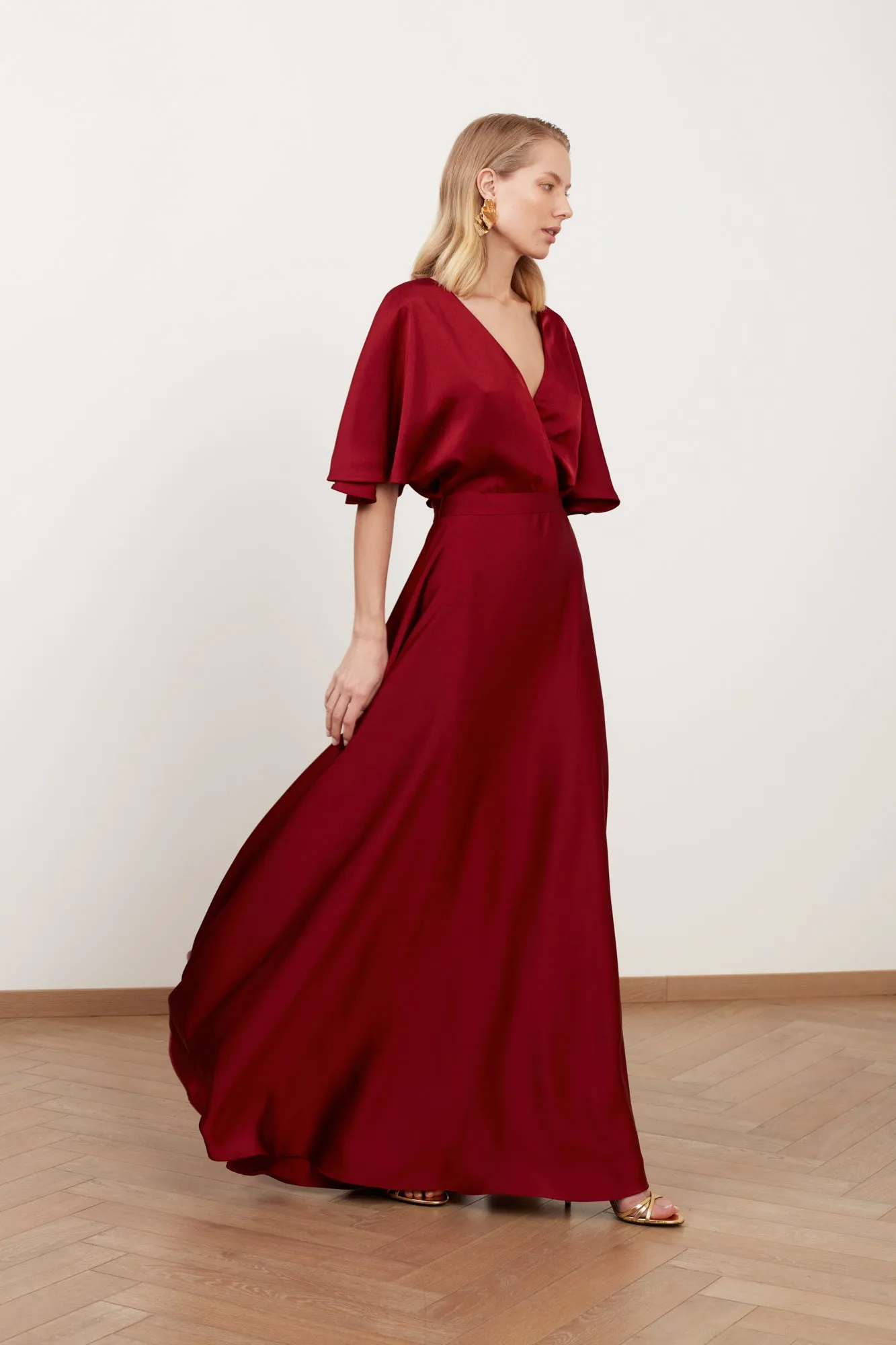 SOLENE burgundy red satin maxi evening dress