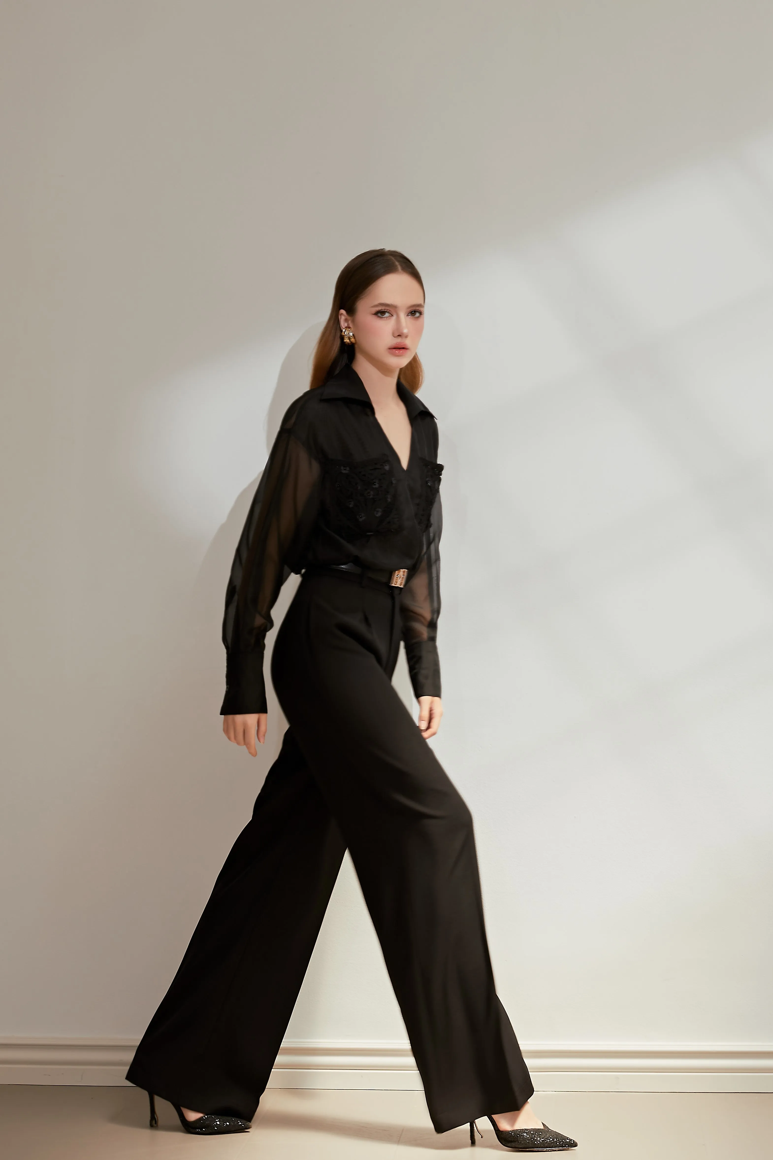 Toran Set - Straight Collared Neck Mesh Shirt & Straight Side Pocket Burlap Floor Length Pants