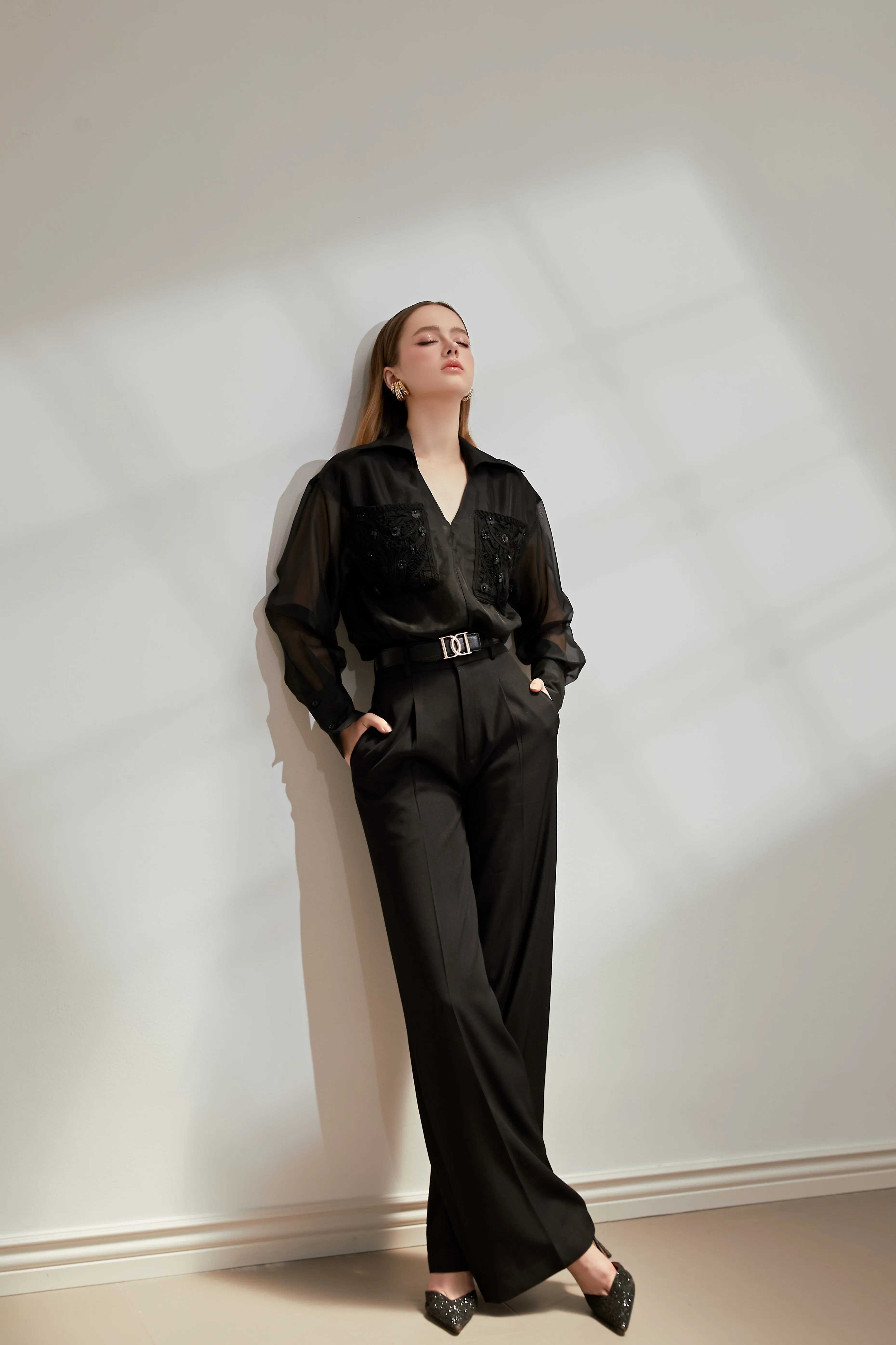 Toran Set - Straight Collared Neck Mesh Shirt & Straight Side Pocket Burlap Floor Length Pants