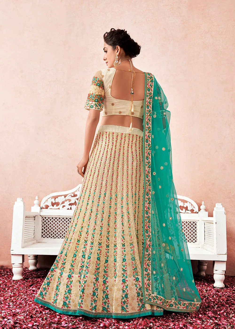 Traditional Light Cream Kalidar Embroidered Net Lehenga Choli
