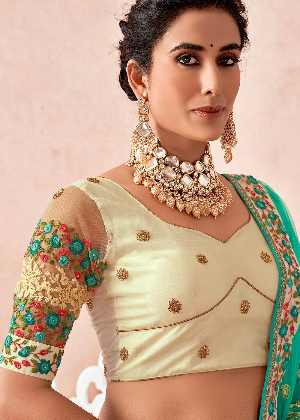 Traditional Light Cream Kalidar Embroidered Net Lehenga Choli