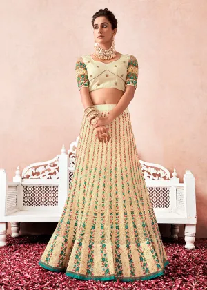 Traditional Light Cream Kalidar Embroidered Net Lehenga Choli