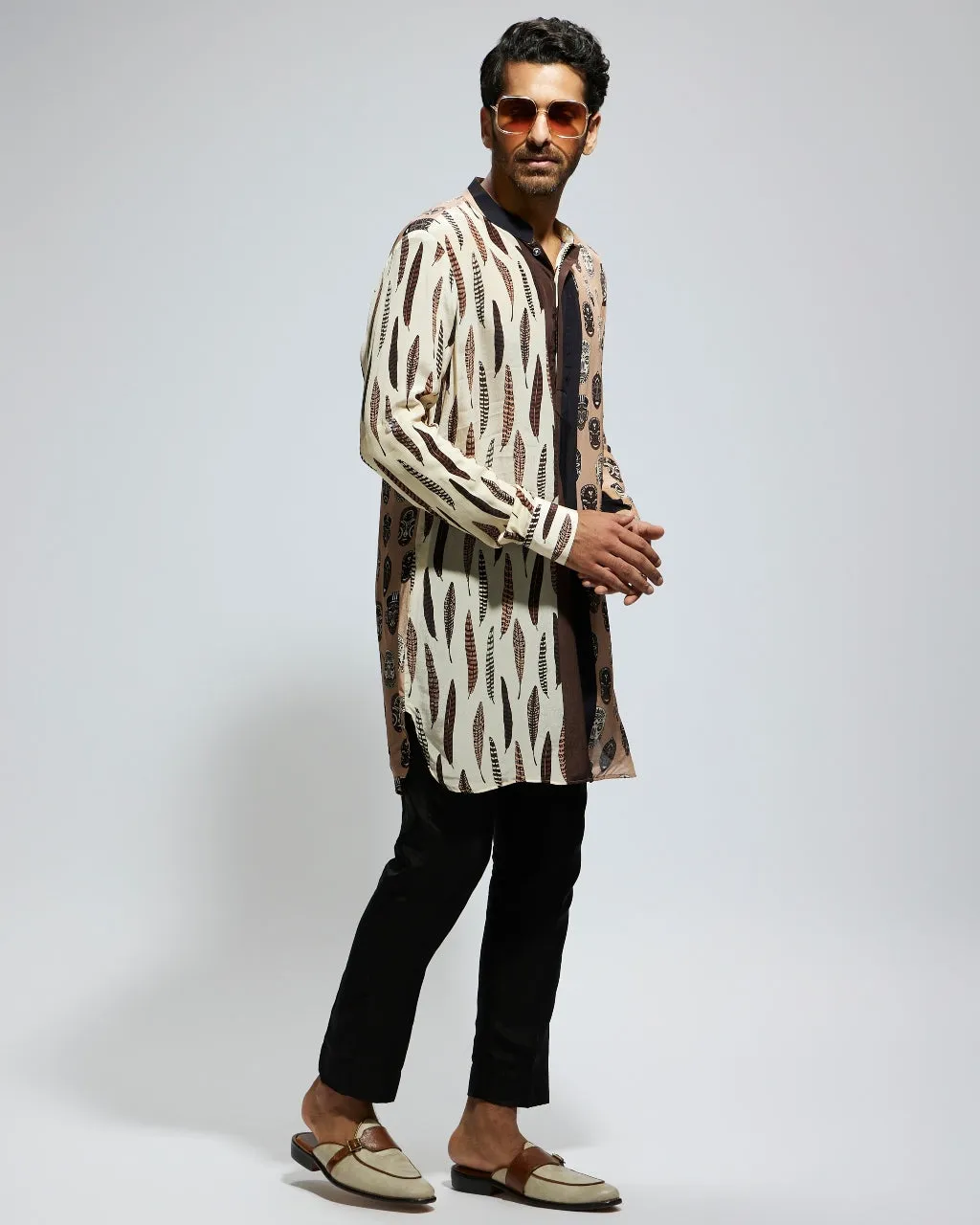 Tribal Mask And Feather Printed Kurta Set