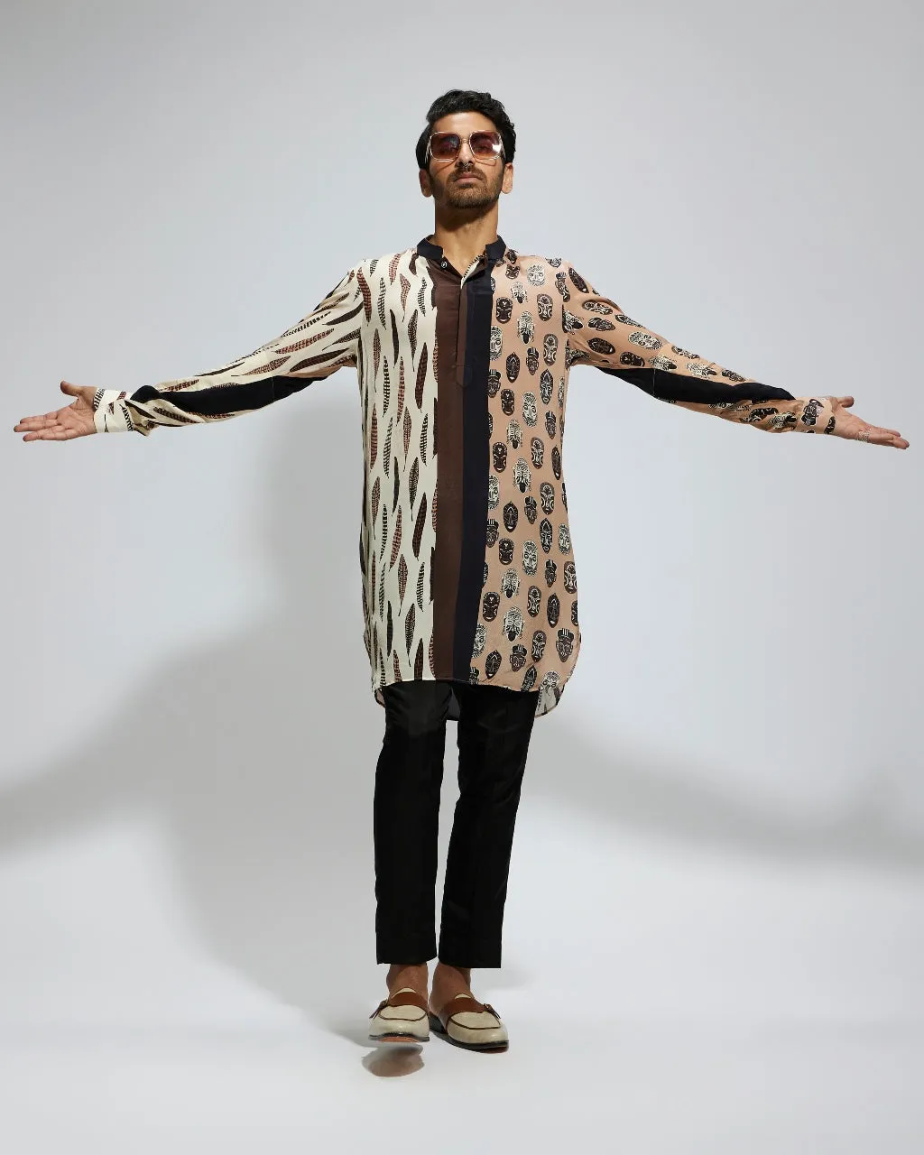 Tribal Mask And Feather Printed Kurta Set