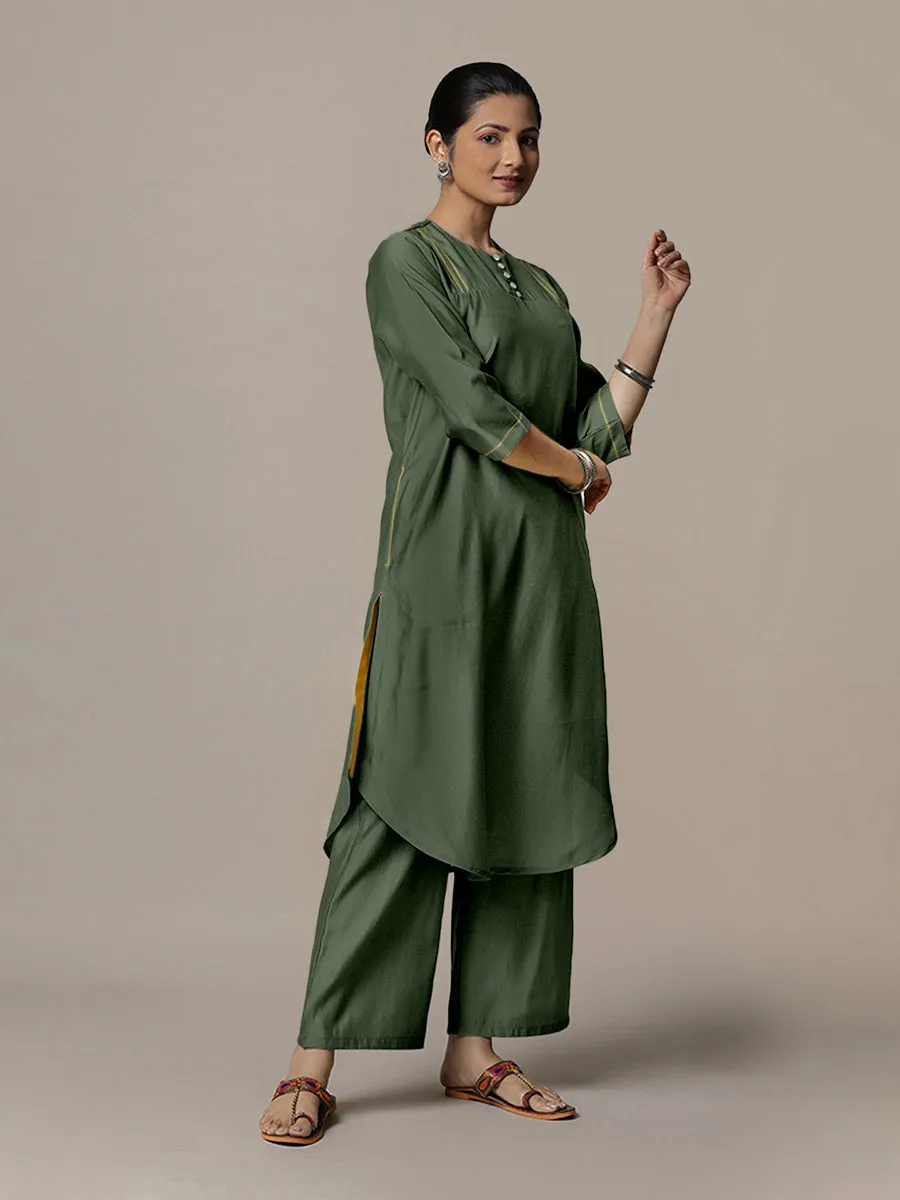 Urvi x Rozaana | A Line Kurta in Pine Green with Thread Work | Coords or Only Kurta